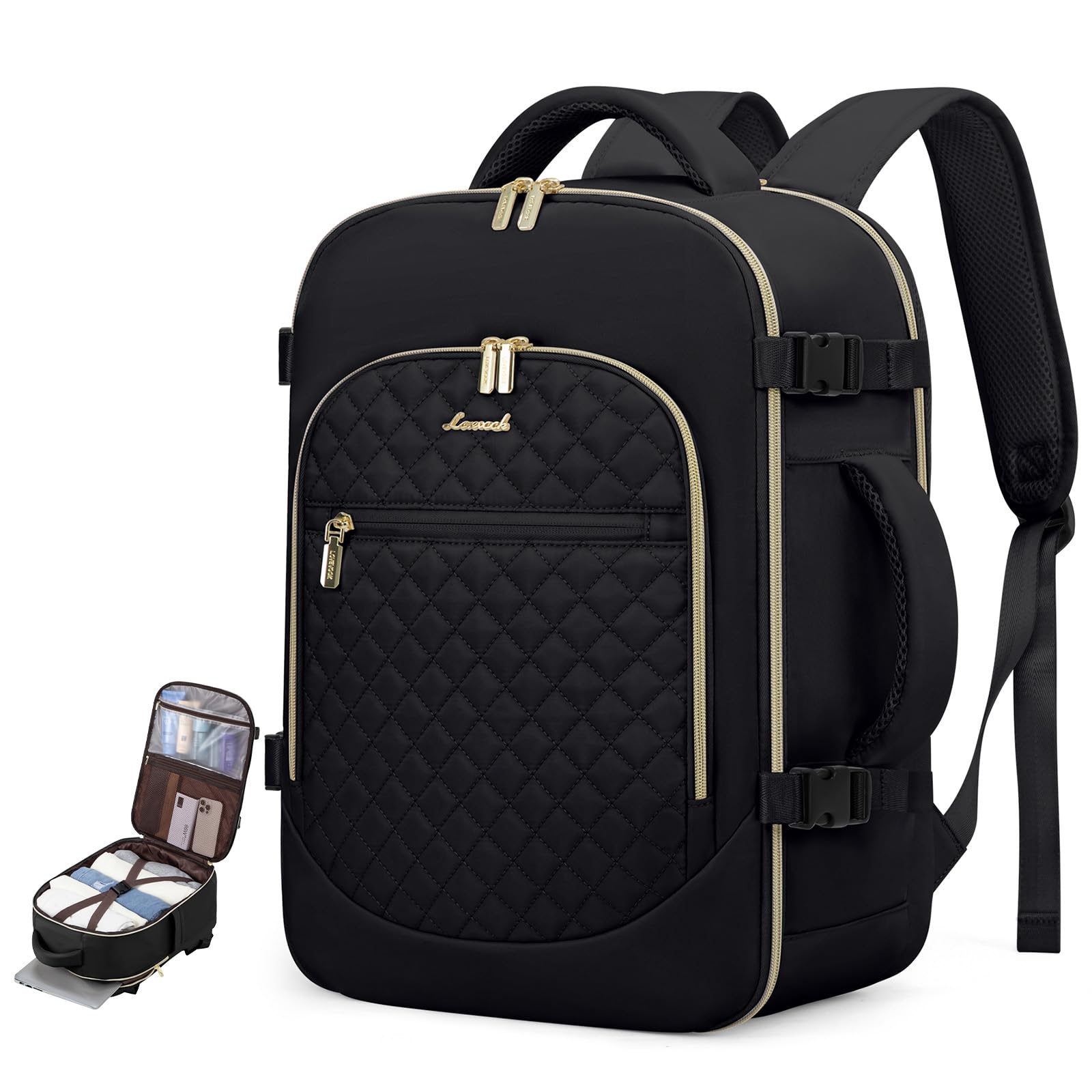 LOVEVOOK 40L Airline Approved Carry On Backpack for Women - Waterproof Travel Laptop Backpack Fits 17.3 Inch Notebook, Business Weekender & Overnight Bag - Perfect for Business Trips, College, Commuting & Weekend Getaways (Black)