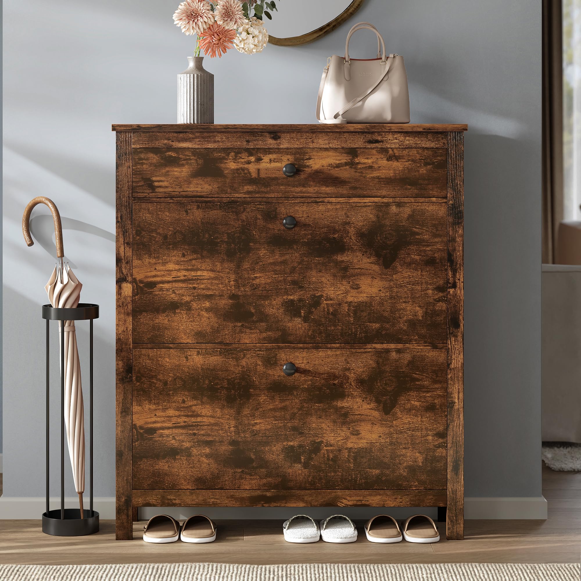 DWVO 2-Tier Flip Drawer Shoe Cabinet - Slim Space-Saving Shoe Storage Organizer with Metal Frame, Adjustable & Removable Hidden Shoe Rack - Free Standing Entryway Hallway Furniture (Brown) - Perfect for Small Apartments & Closet Organization