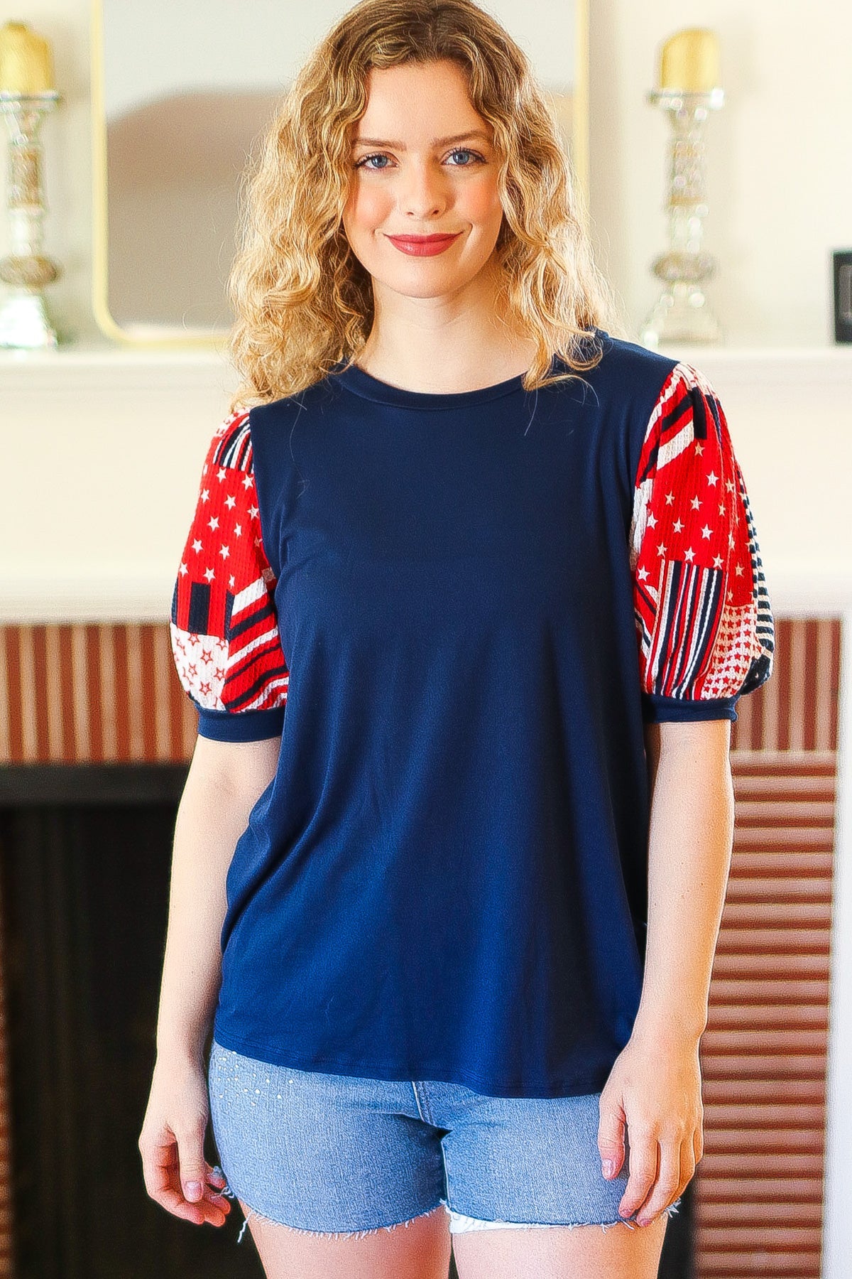 Stylish Navy Patriotic Patchwork Puff Sleeve Top for Women - Perfect for Holiday Parties & 4th of July Celebrations
