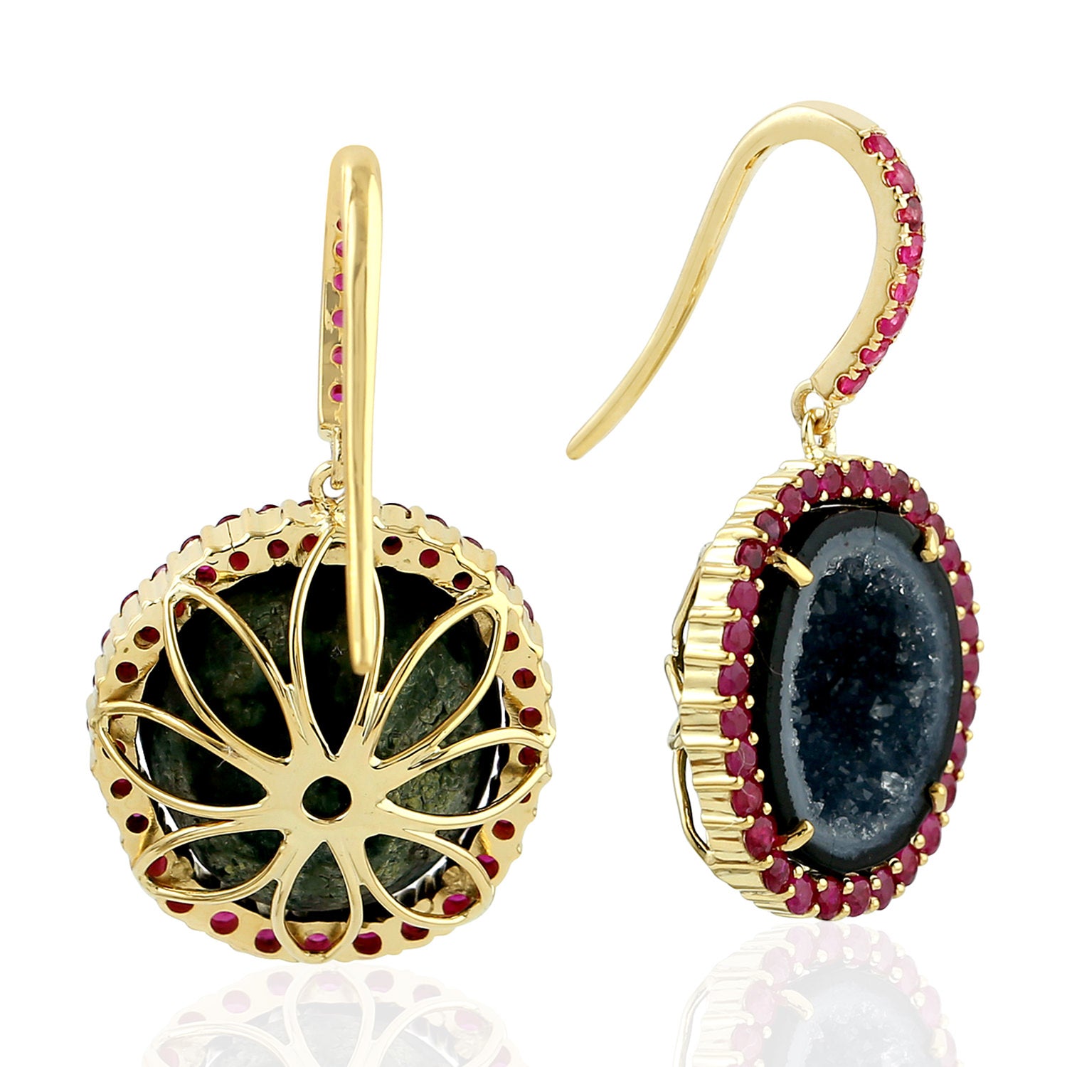 18K Yellow Gold Geode & Ruby Gemstone Ear Hook Earrings - Elegant Wedding Gift for Bride, Anniversary & Special Occasions