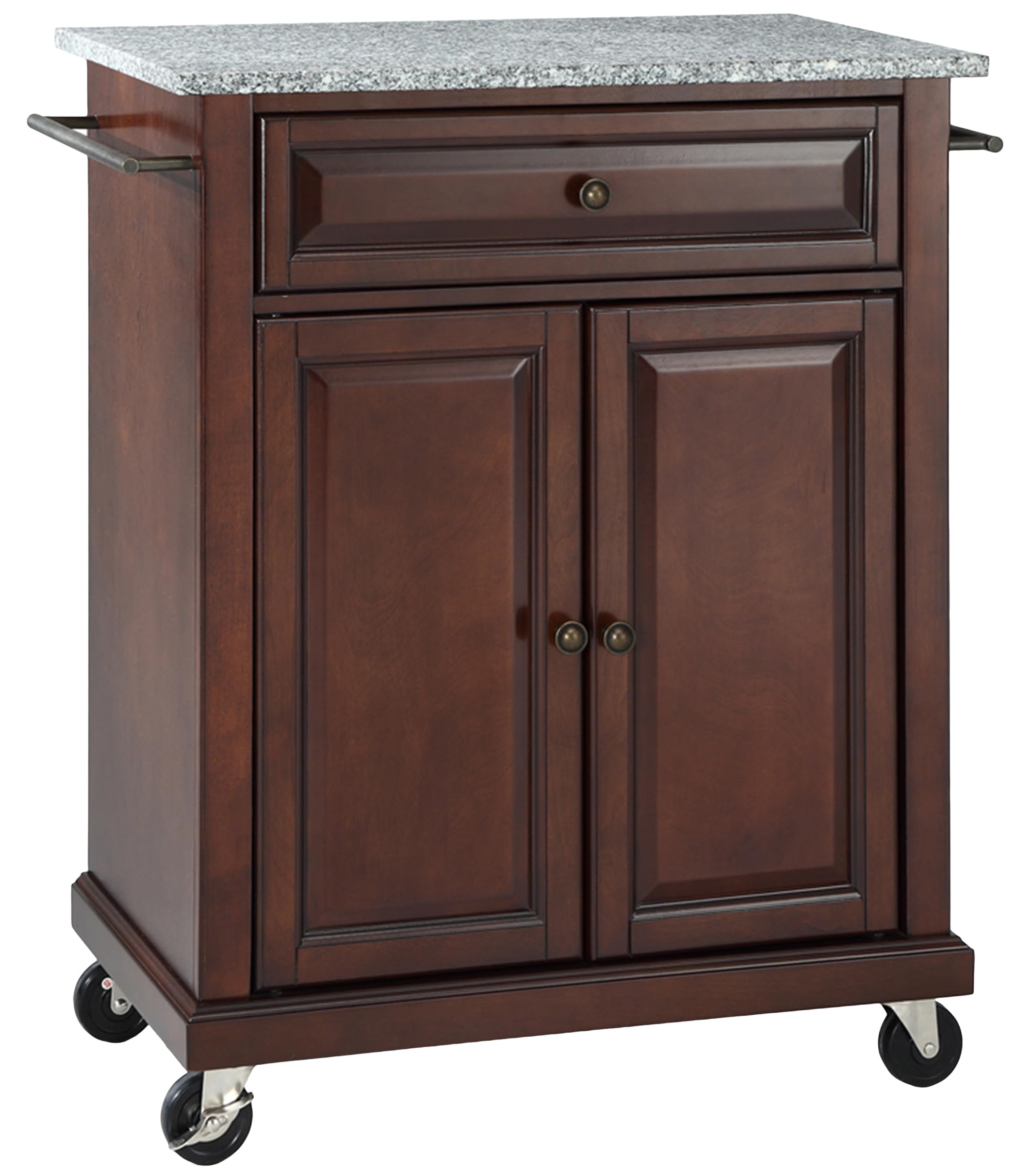 Crosley Compact Granite Top Rolling Cart with Shelves - Microwave Stand with Towel Rack, Mahogany - Perfect for Kitchen, Bathroom, or Office Storage and Organization