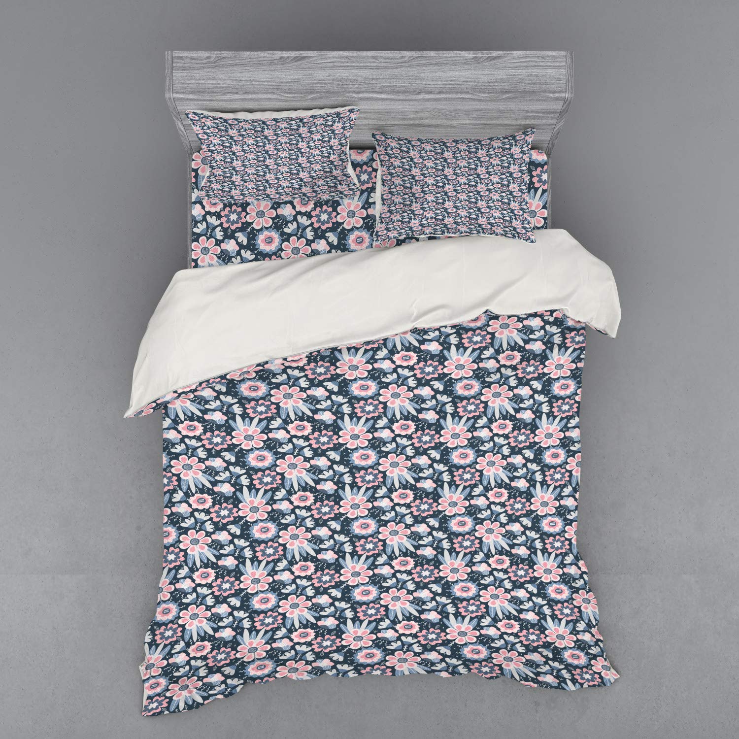 Ambesonne Floral Bedding Set Queen Size - 4 Piece Duvet Cover with Shams & Fitted Sheet - Hand Drawn Flowers Design in Dark Slate Blue, Pastel Pink & Blue Grey - Perfect for Master Bedroom, Guest Room & Cozy Home Decor
