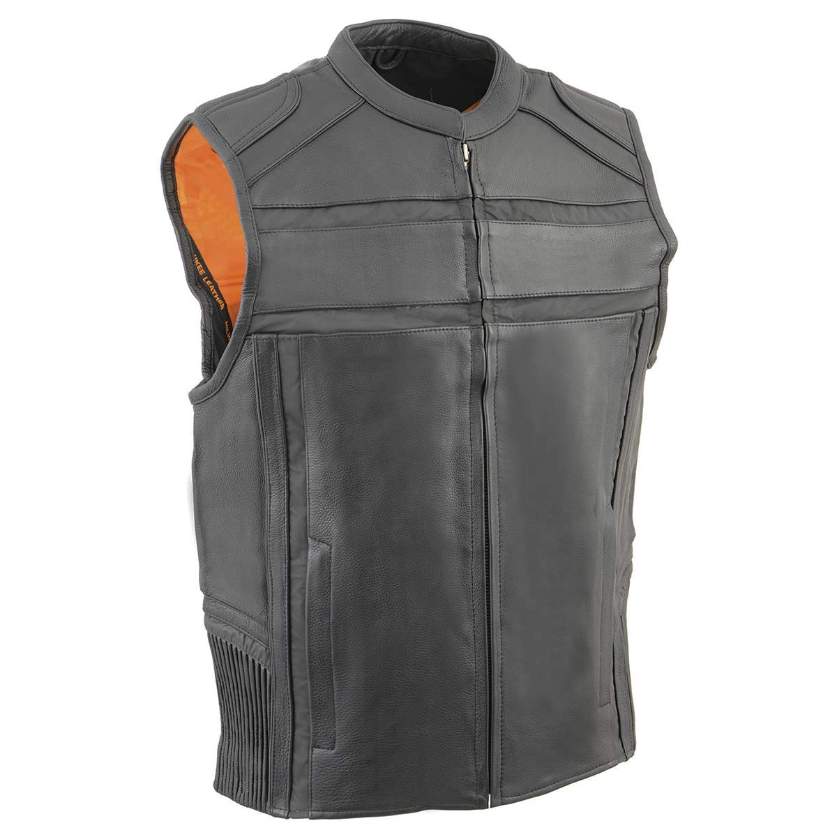 Milwaukee MLM3560 Men's Black Leather Motorcycle Vest with Reflective Piping & Elastic Waist - Biker Jacket for Riding, Cruising & Outdoor Adventures