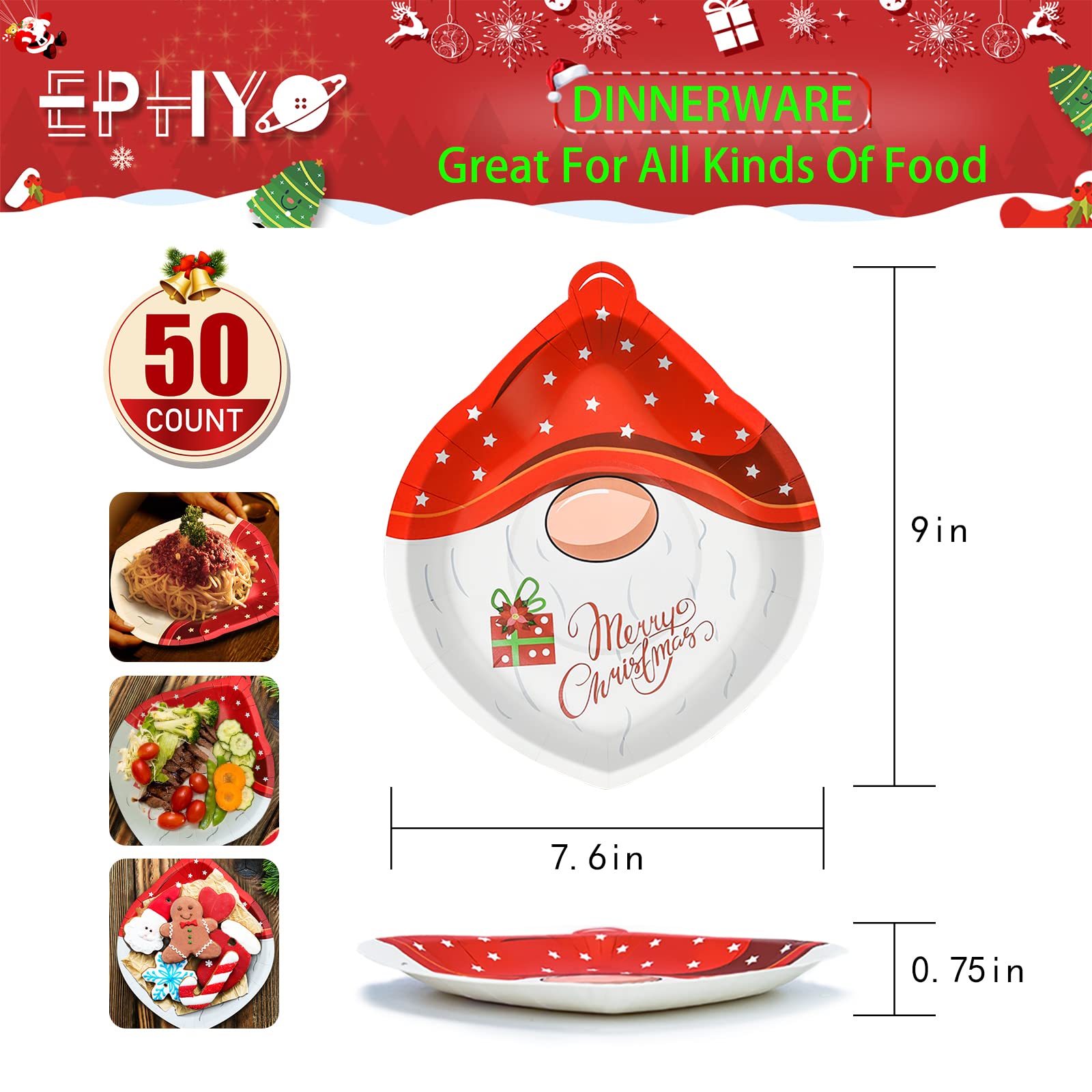 EPHYO 50 Count Christmas Paper Plates with Cute Gnome Design - Disposable Oval Dinner Plates for Holiday Parties, Desserts, Salads & Appetizers | Perfect for Christmas Dinner, Cookie Exchange & Festive Gatherings