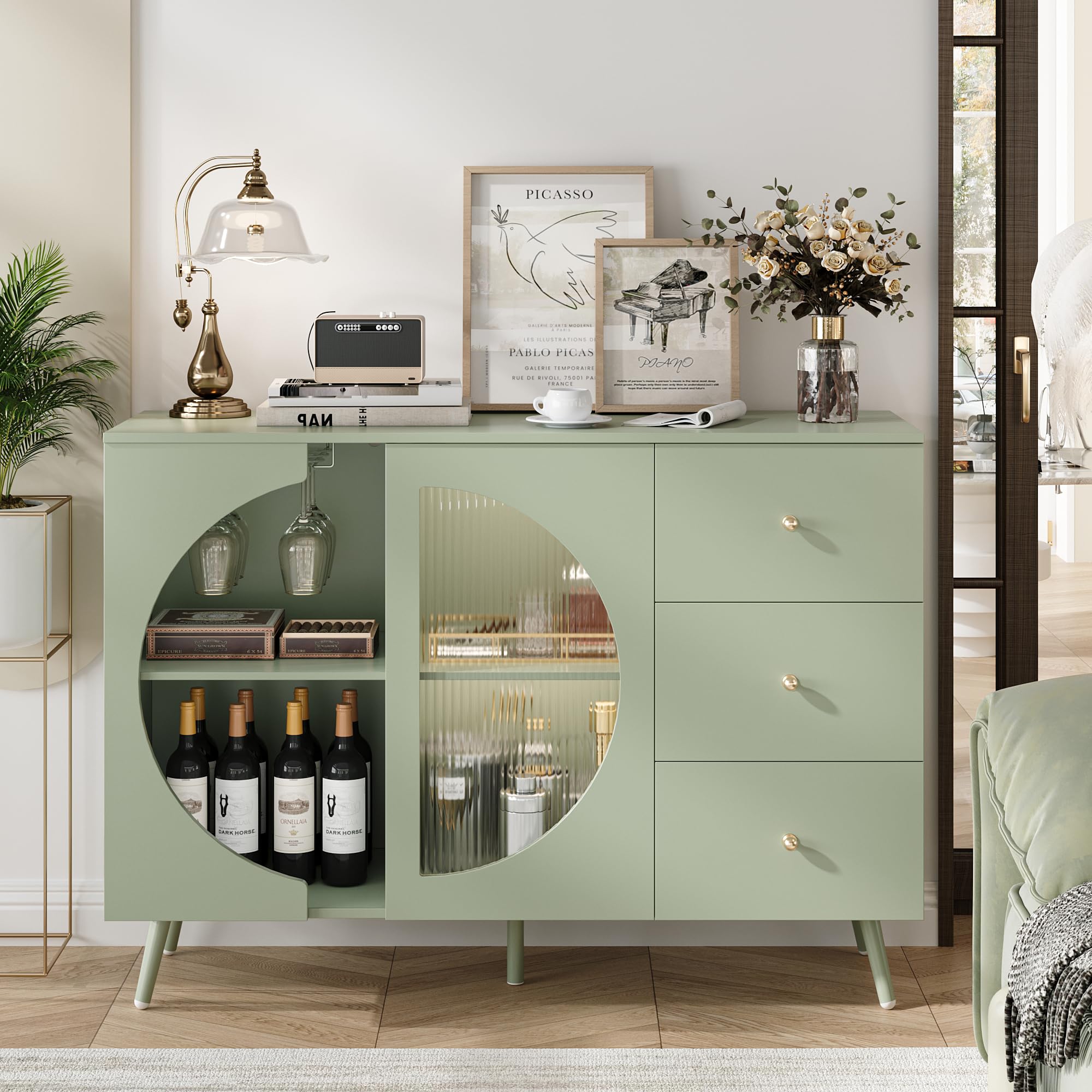Modern Cream Coffee Bar Cabinet with Fluted Glass Door & Wine Glass Rack - Buffet Sideboard with Storage Drawers for Living Room, Kitchen or Dining Room - Elegant Green Home Furniture for Entertaining & Display