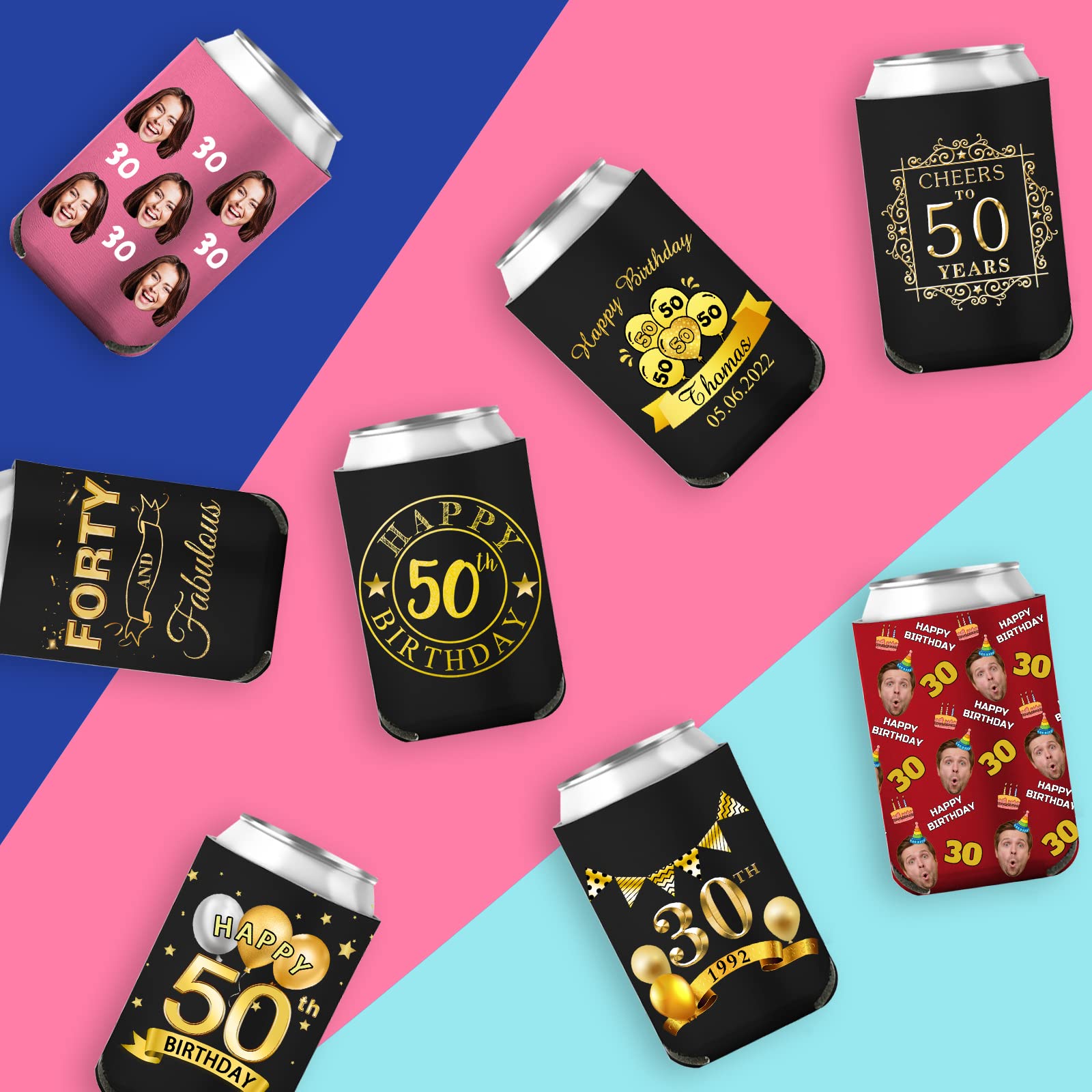 Personalized Custom Birthday Can Coolers & Beer Bottle Sleeves - Bulk Photo Name Year Insulated Beverage Holders for Parties, BBQ, Gifts & Outdoor Events