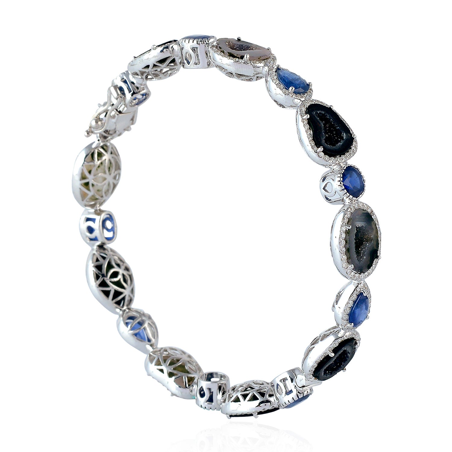 Blue Sapphire Uneven Geode Pave Diamond 18k White Gold Wedding Bangle Bracelet - Perfect for Bridal Jewelry, Anniversary Gifts & Special Occasions