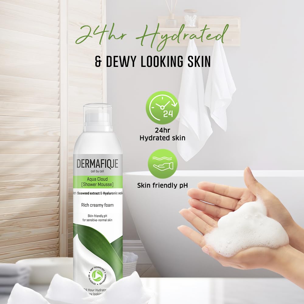 Dermafique Aqua Cloud Shower Mousse - 200ml Hydrating Body Wash for Women & Men with Seaweed Extracts & Hyaluronic Acid | Rich Foam, NMF Technology | Sensitive & Normal Skin | Dermatologist Tested | Perfect for Daily Shower & Spa Relaxation