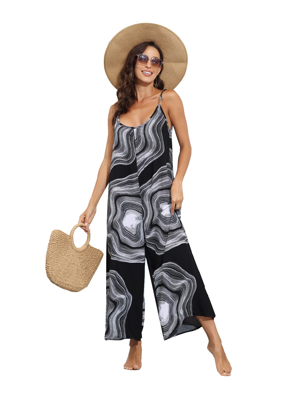 Wexcen Women's Floral Wide Leg Jumpsuit - Sleeveless Spaghetti Strap Romper with Pockets | Casual Loose Fit Long Jumpsuit for Summer, Beach, Vacation & Boho Style Outfits