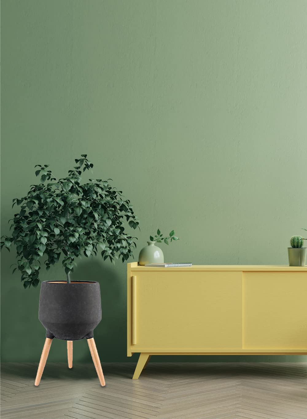 Serene Spaces Black Ceramic Plant Stand with Beech Wood Legs - 21.75