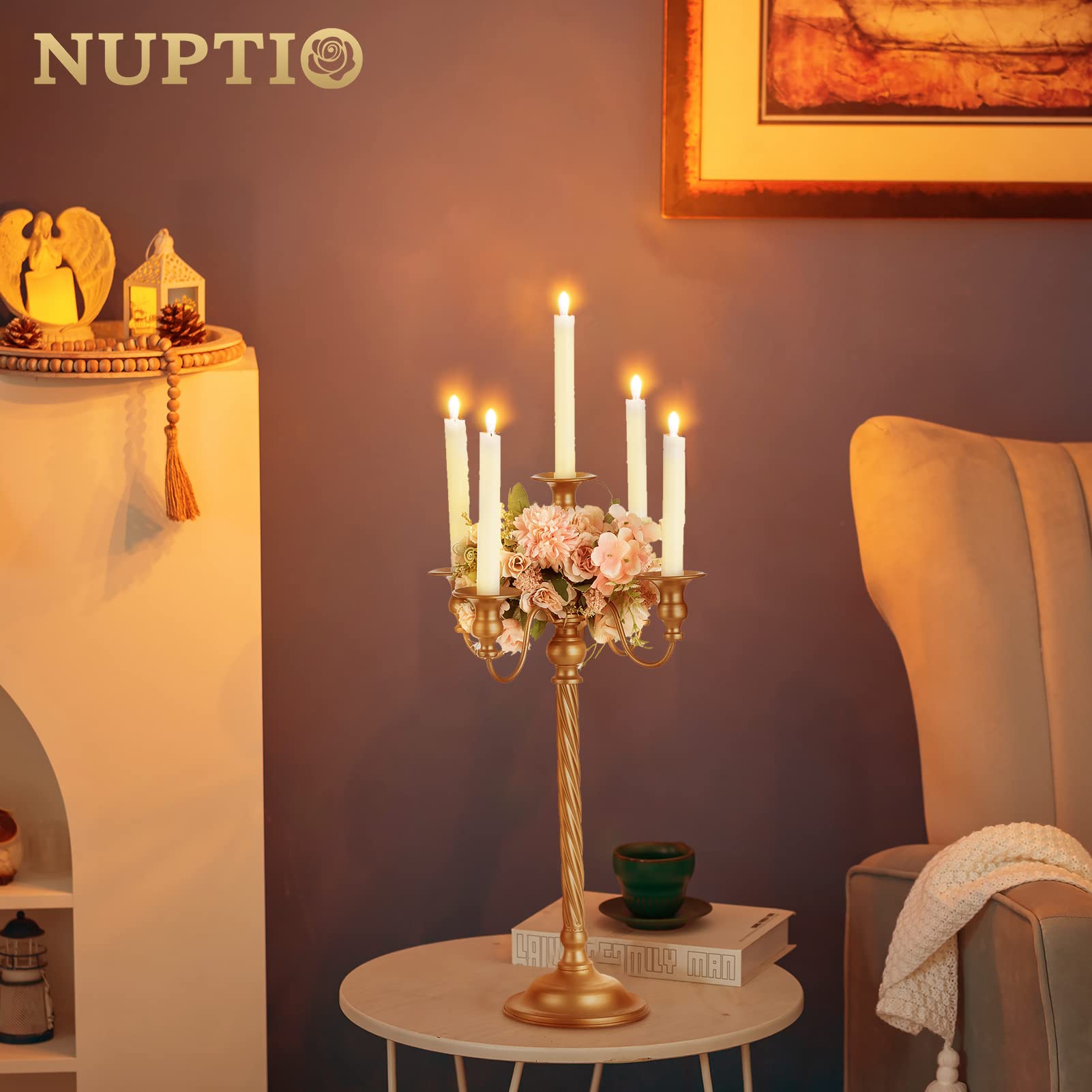 Gold 5-Arm Tall Candle Holder Set of 2 - 21 Inch Metal Candelabra for Weddings, Fireplace, Halloween & Church Decor - Elegant Table Centerpiece for Home & Special Occasions