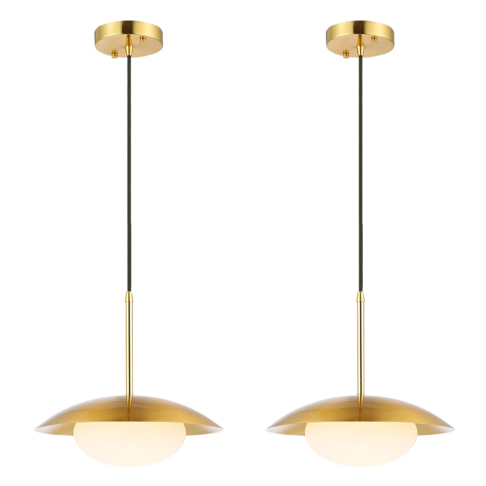 Modern Pendant Lighting Set of 2 - Industrial Hanging Lights with Brushed Brass Finish & White Globe Glass Shades - Perfect for Kitchen Island, Dining Room, and Living Room Lighting Decor