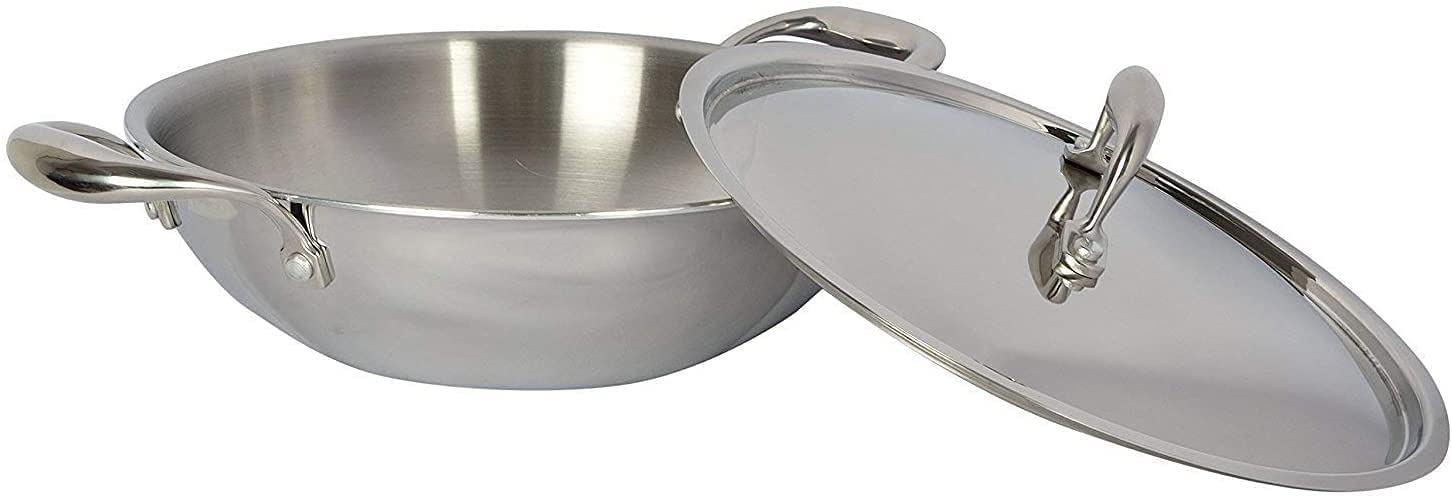 Premium 3.2L Food Grade 18/8 Stainless Steel Kadai with Lid - Induction Compatible Tri-Ply Platinum Cookware (26cm) - Perfect for Indian Cooking, Curry, Biryani & Deep Frying