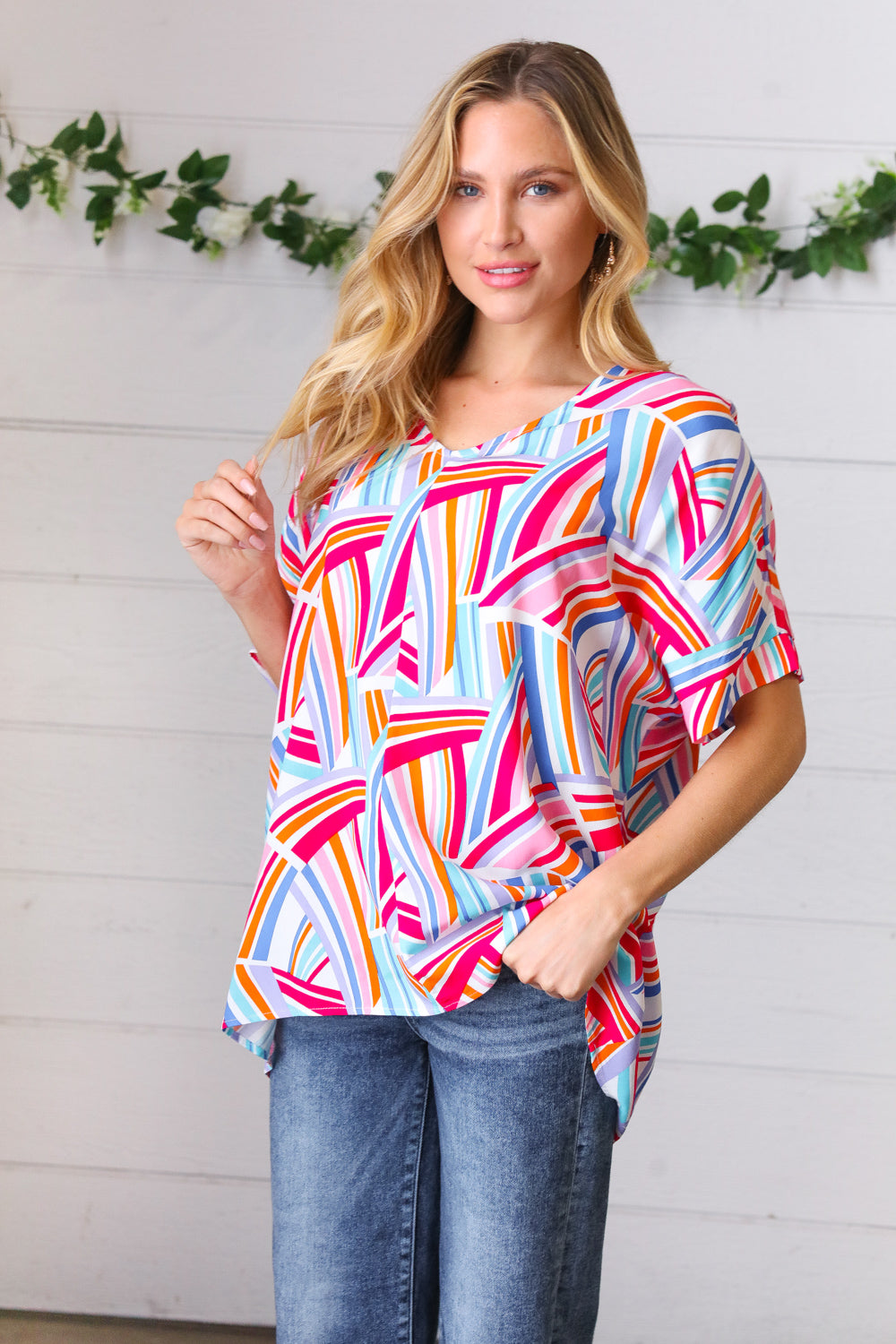 Stylish Blue & Fuchsia Geometric Print Woven Top for Women | Trendy Casual Blouse for Summer Outfits, Office Wear & Date Nights