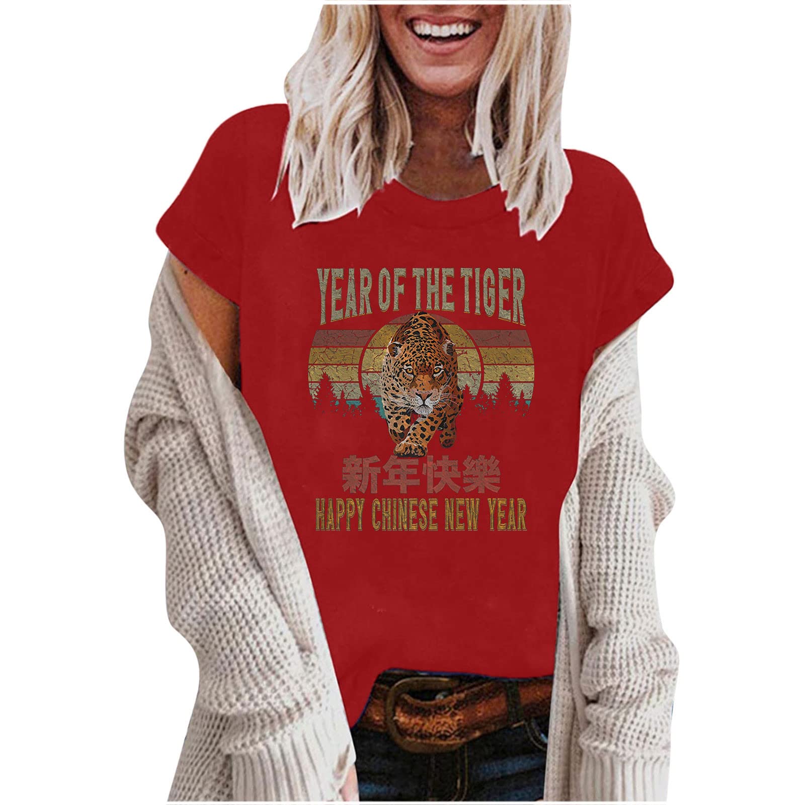 Women's Printed Round Neck Short Sleeve T-Shirt - Casual Work Blouse for Street Style | Perfect for Office Wear, Weekend Outfits & New Year Celebrations