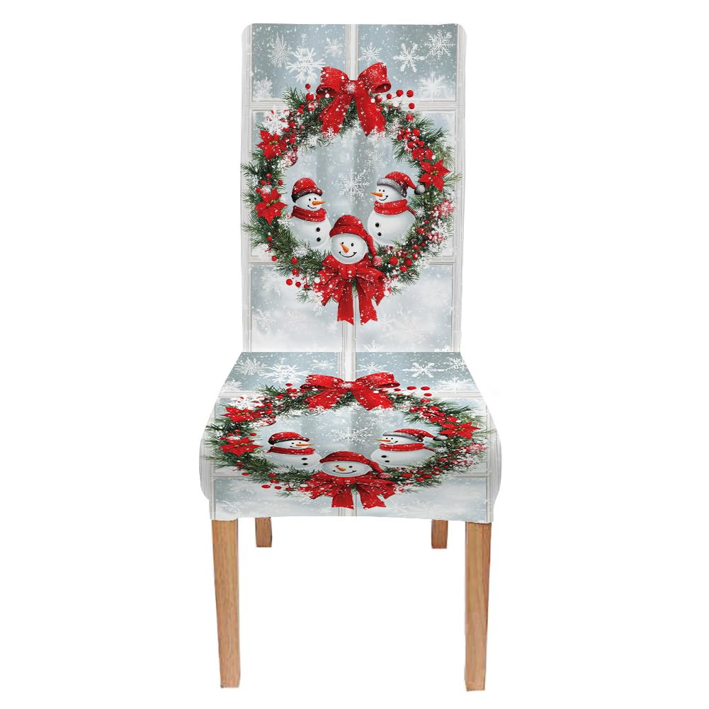 EMMTEEY Stretchy Christmas Dining Chair Covers Set of 2 - Washable Winter Wonderland Snowmen & Wreath Design Chair Protectors for Holiday Parties, Family Gatherings & Festive Home Decor