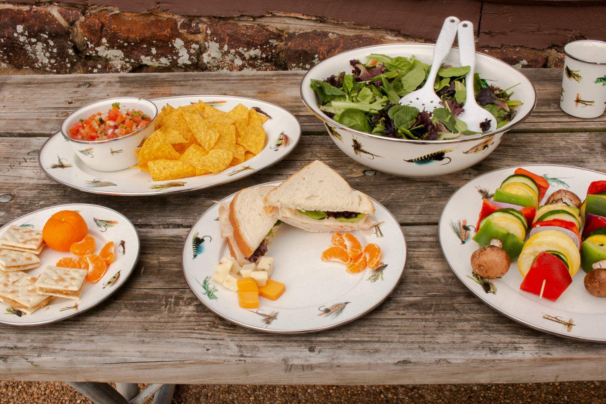 Golden Rabbit Enamelware Dinner Plates - Set of 4, 10.5 Inch Porcelain Plates with Fishing Fly Design - Elegant Tableware for Home Dining, Restaurants & Outdoor Picnics