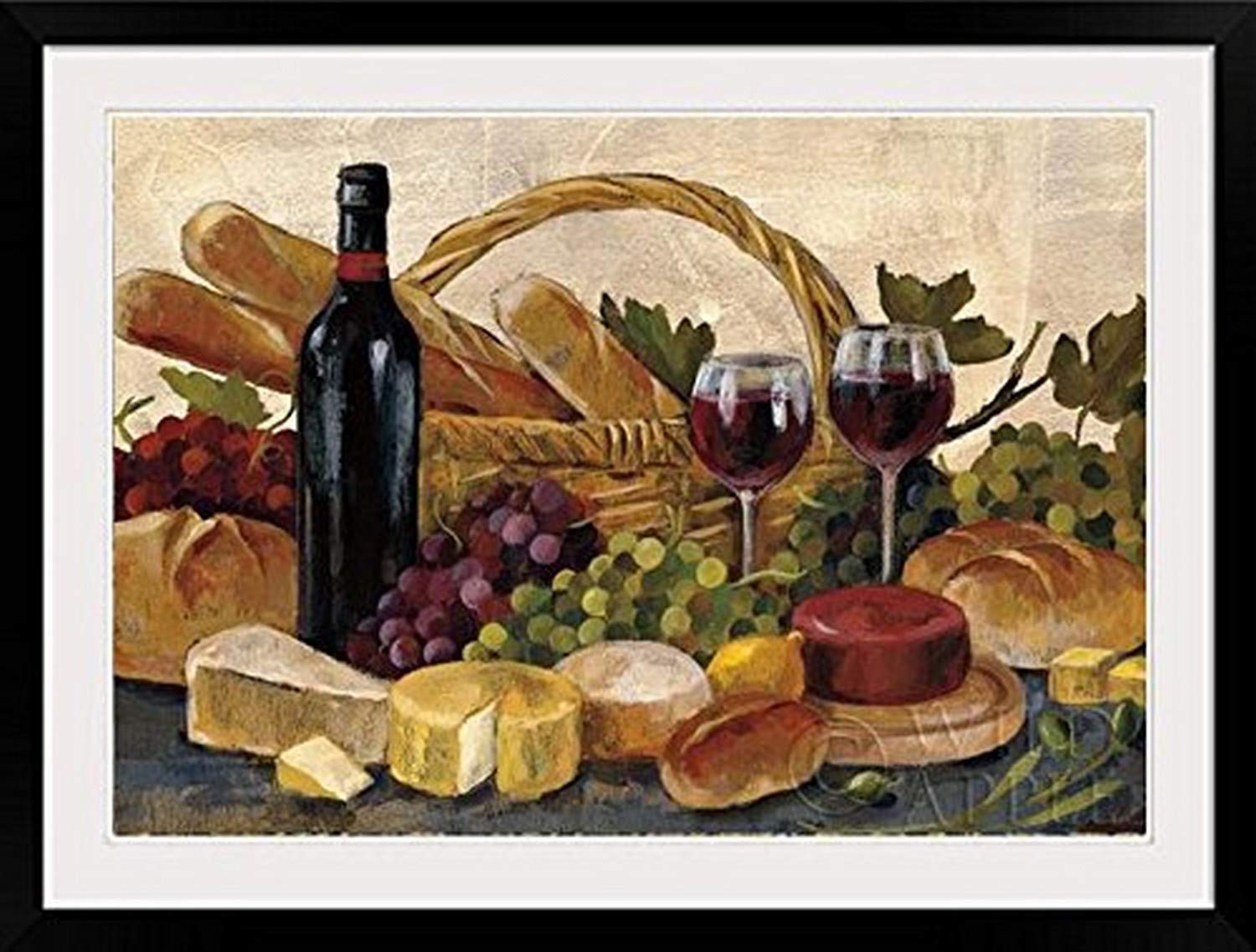 Tuscan Evening Wine Crop Art Print - 40x30 Inches with Grapes, Cheese & Bread in Black Matted Frame | IF WAP 13405 2 DM | Perfect for Kitchen, Dining Room & Italian-Themed Decor