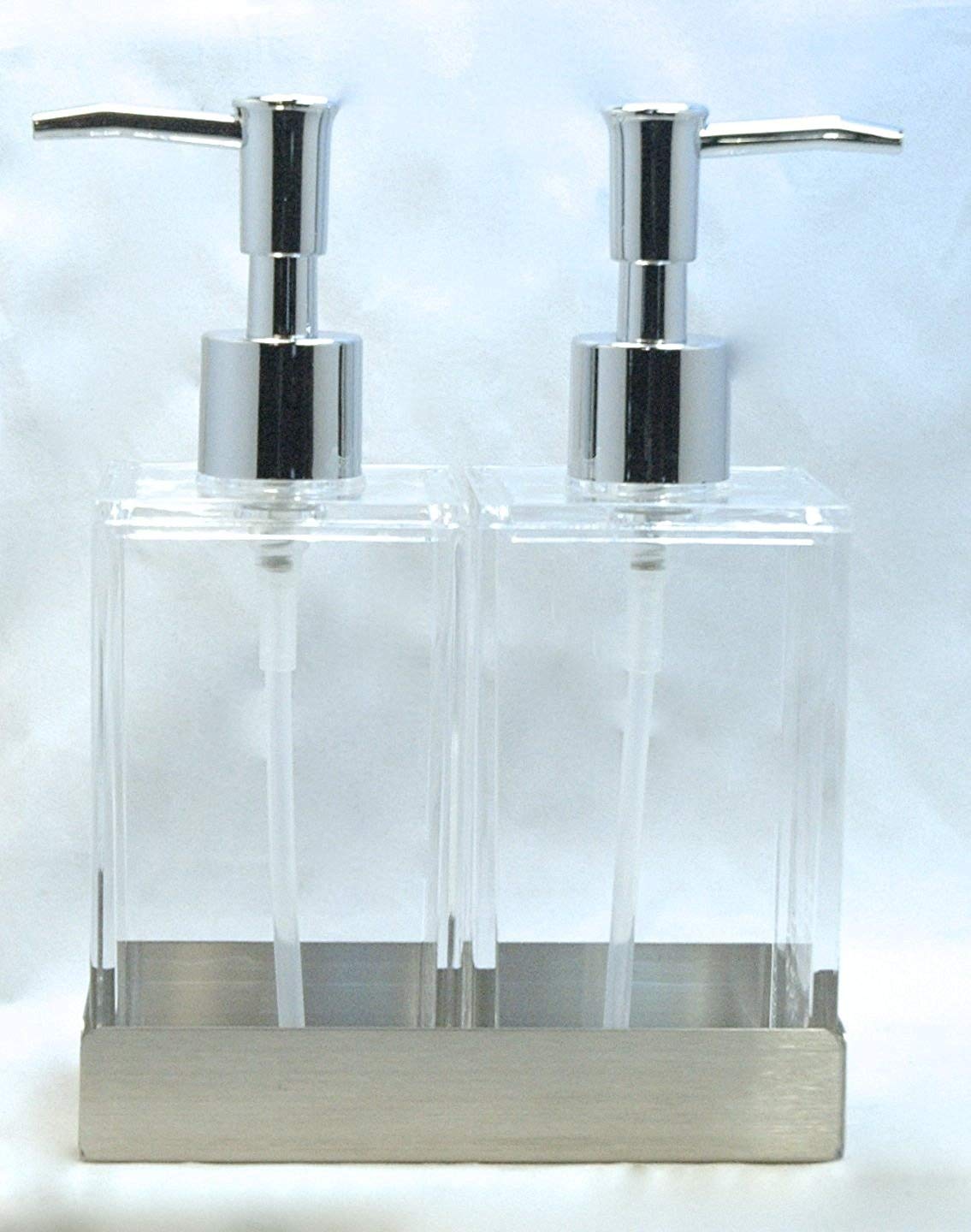 Acrylic Twin Liquid Soap and Lotion Dispenser Set with Caddy - Double Soap Dispenser for Kitchen Sink & Bathroom - Clear Pump Bottle for Shampoo, Conditioner, Body Wash | Perfect for Home, Office, and Guest Bathrooms