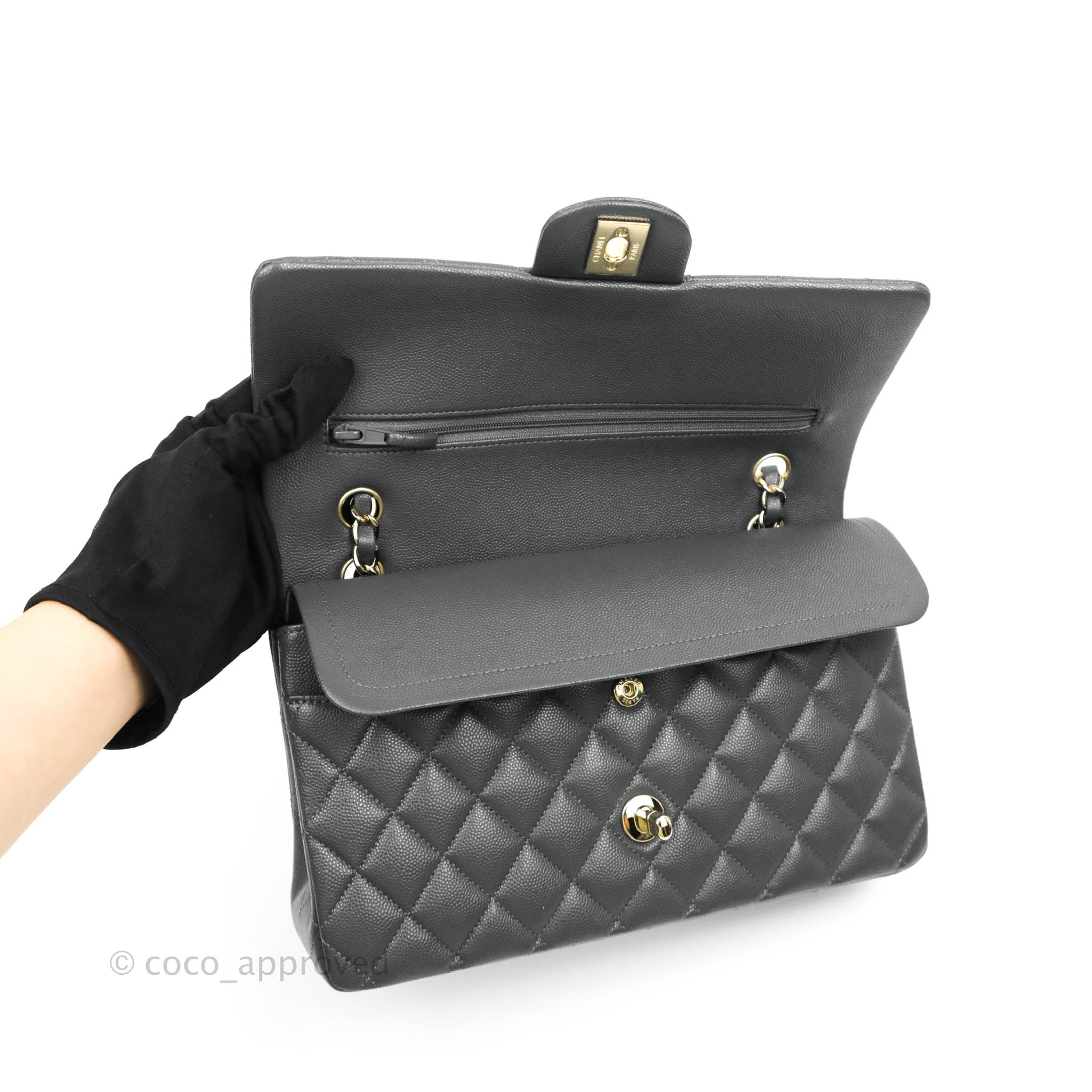 Chanel Classic M/L Medium Double Flap Bag in Dark Grey Caviar Leather with Gold Hardware - Luxury Handbag for Women, Perfect for Work, Evening Events & Special Occasions