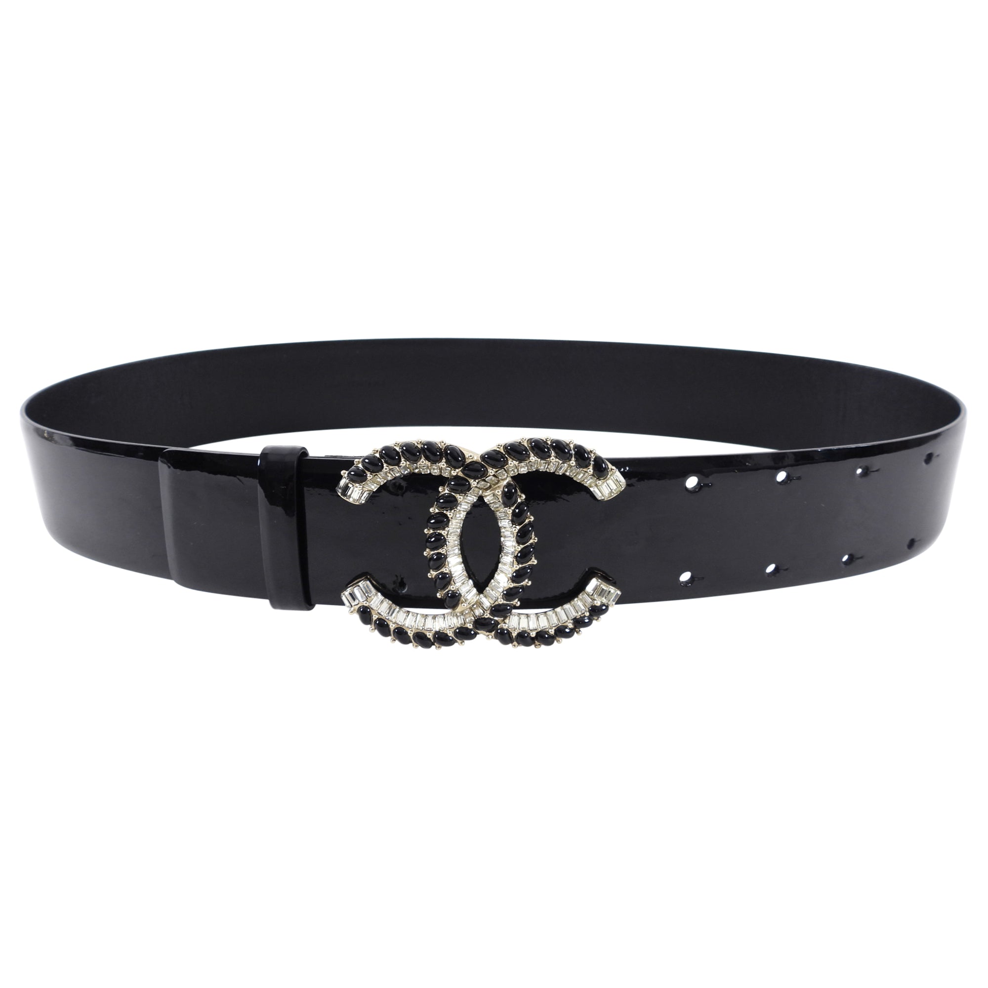 Chanel 08C Black Patent Leather Crystal Strass CC Belt - Size S 26-32
