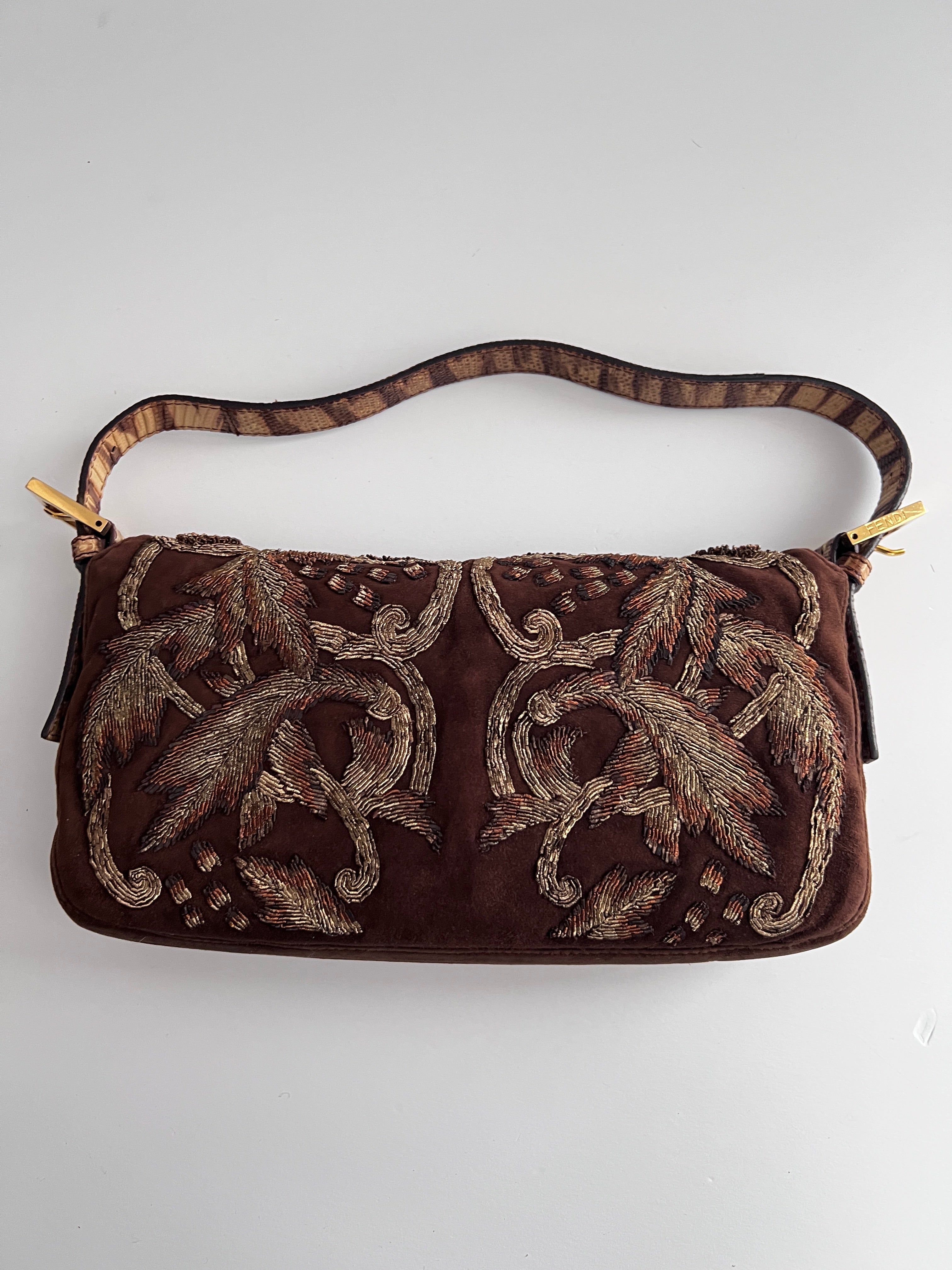 Fendi Embroidered Brown Suede Baguette Bag - Luxury Designer Crossbody Purse for Women, Perfect for Parties, Dates & Everyday Use