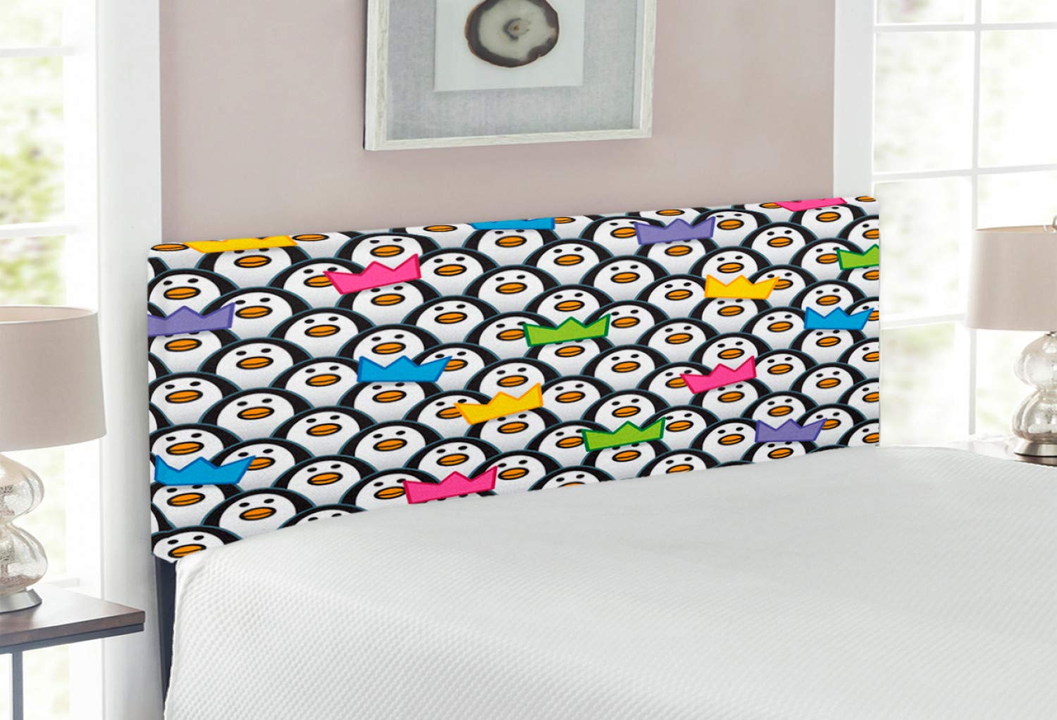 Ambesonne Full Size Upholstered Metal Bed Headboard with Memory Foam - Colorful Penguin Design in Party Hats for Kids Room, Nursery or Coastal Theme Bedroom Decor | South Pole Animal Theme Headboard for Full Size Beds