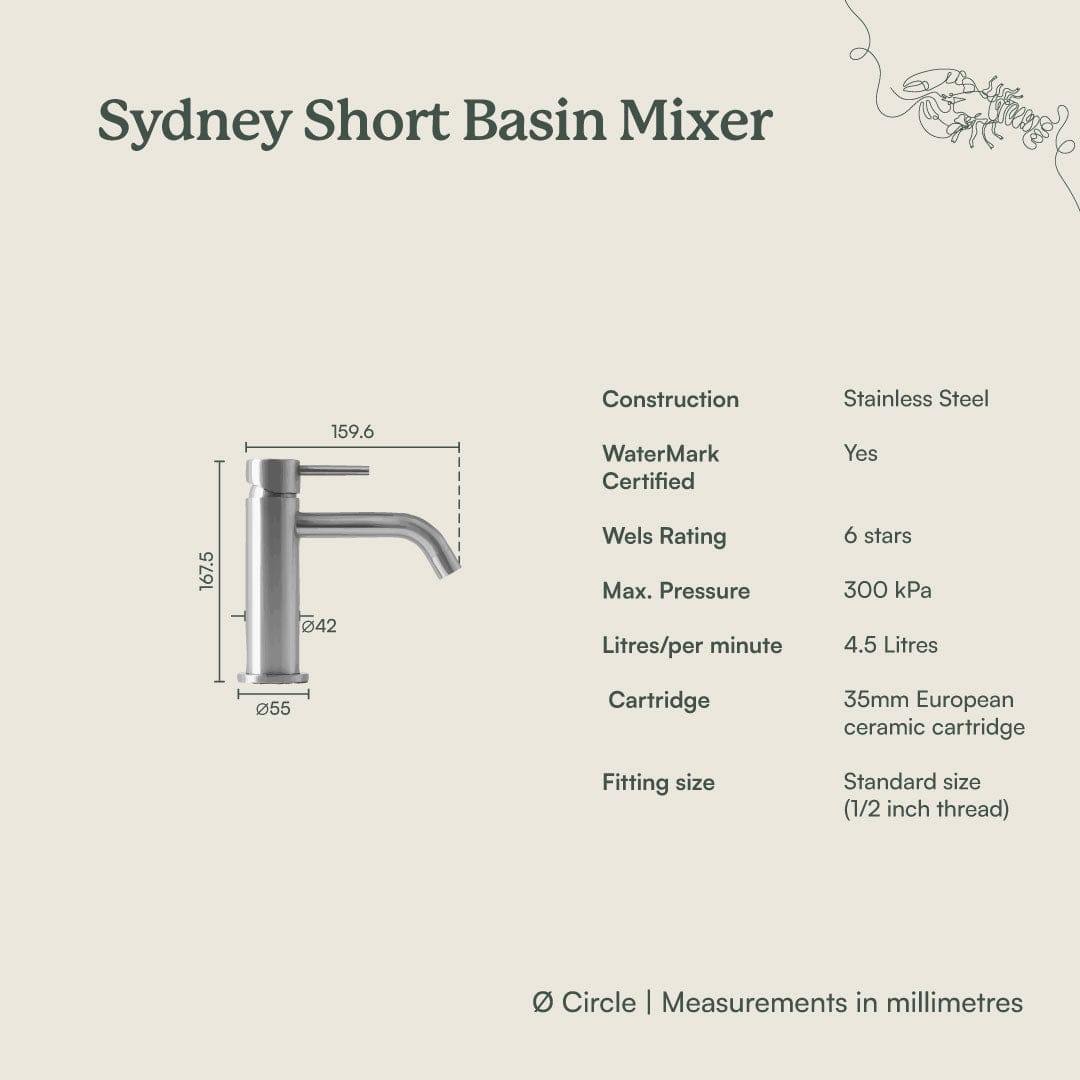 Sydney Short Basin Mixer in Warm Brushed Nickel - Modern Bathroom Faucet for Vanity Sinks, Perfect for Small Spaces and Contemporary Home Decor