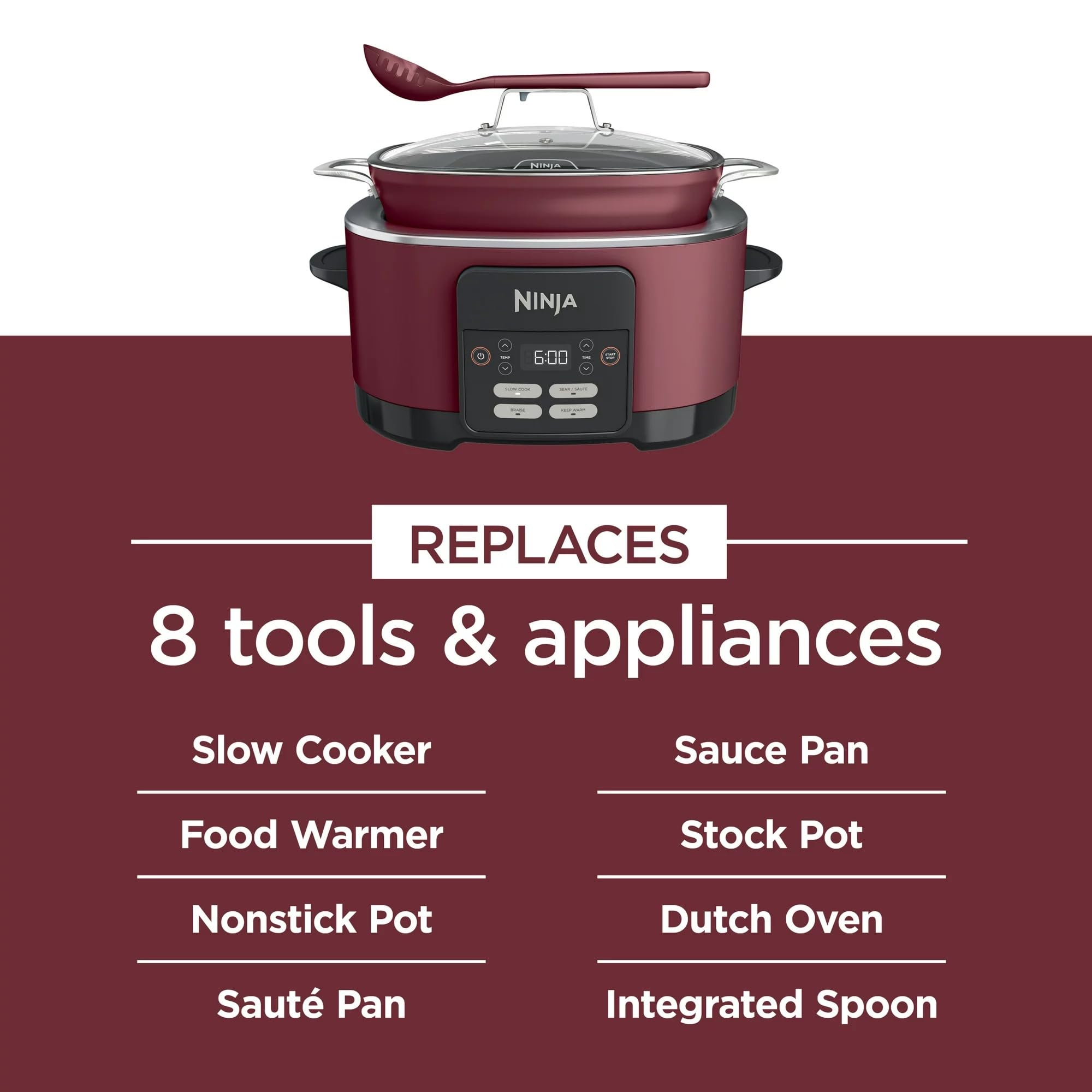 Ninja MC1000 Foodi PossibleCooker 8.5 Quart Multi-Cooker - 4-in-1 Slow Cooker, Dutch Oven, Steamer & More with Glass Lid & Spoon - Nonstick, Oven Safe Pot (500°F) - Cherry Red (Renewed) - Perfect for Family Dinners, Meal Prep & Holiday Cooking