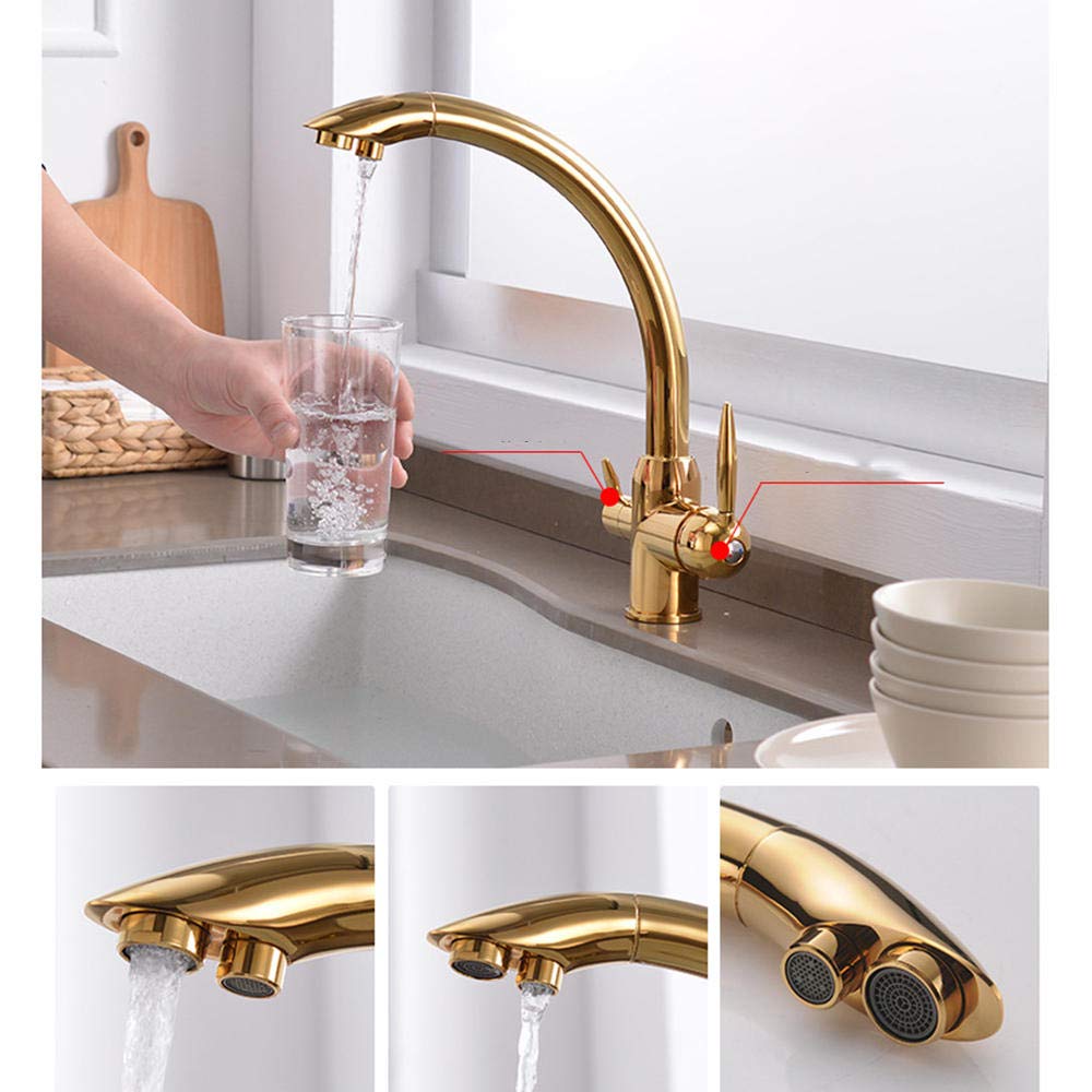 3-Way Brass Kitchen Faucet with Water Filter - Hot & Cold Rotatable Drinking Water Purification Tap for Sink (Golden) - Perfect for Modern Kitchens & Direct Drinking Water Access