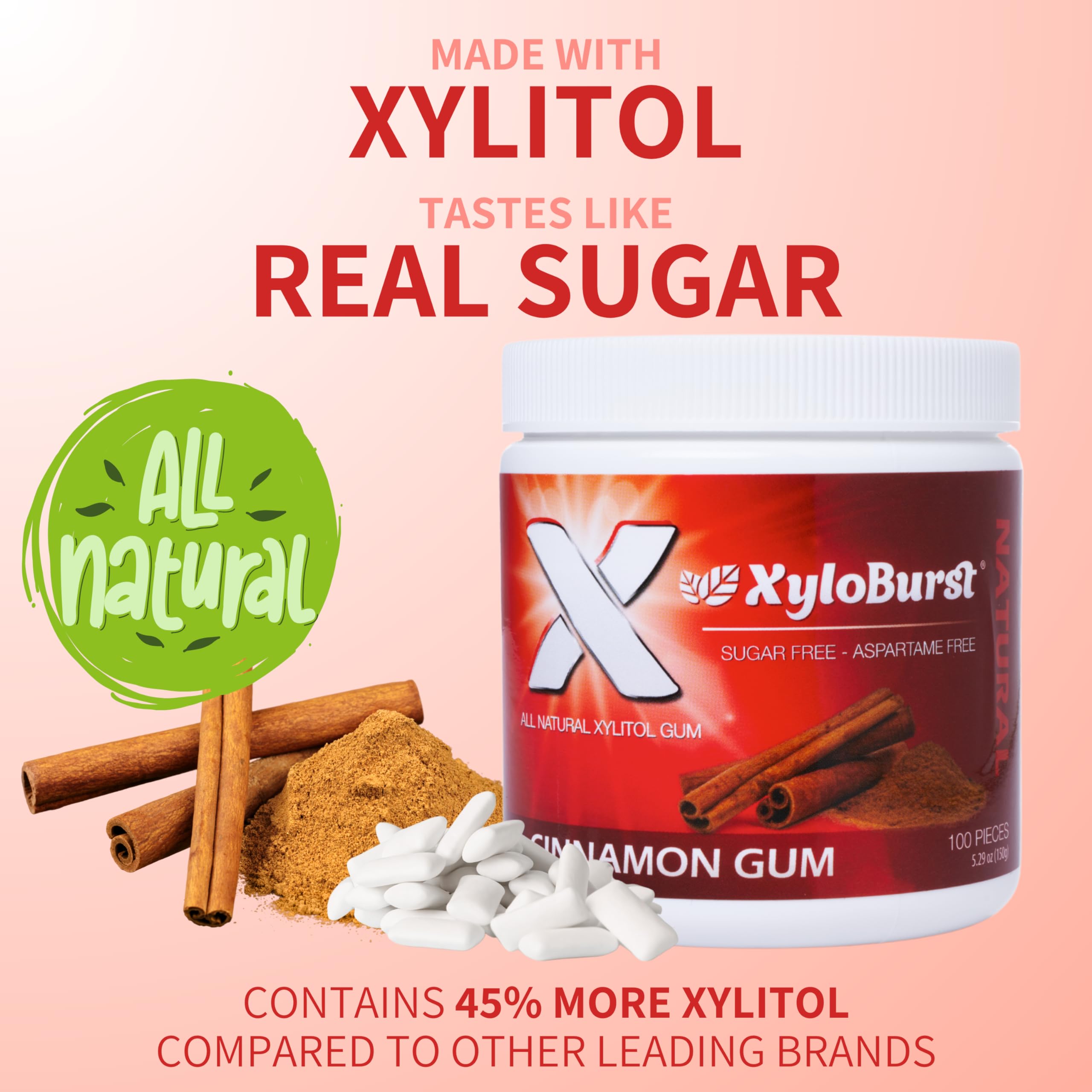 XyloBurst Xylitol Chewing Gum - Sugar Free, Gluten Free, Keto Friendly, Aspartame Free - Supports Oral Health - Cinnamon Flavor - 100 Count Jar - Perfect for Fresh Breath at Work, Gym, or After Meals