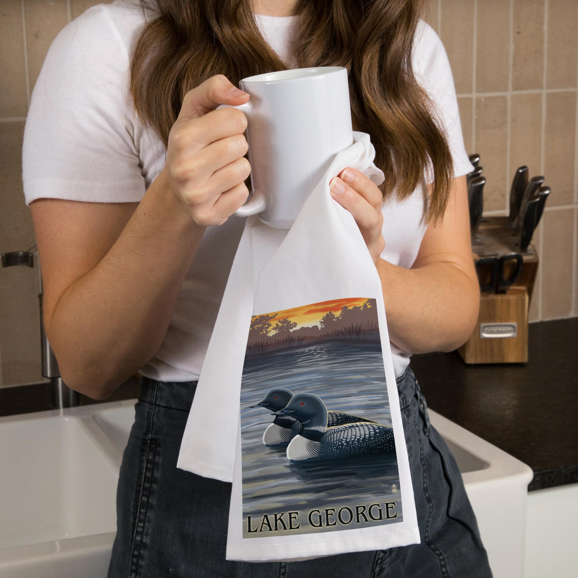 Lake George New York Loons at Sunset 100% Cotton Tea Towel - Decorative Hand Towel for Kitchen & Home - Perfect for Dish Drying, Gift Giving & Farmhouse Decor