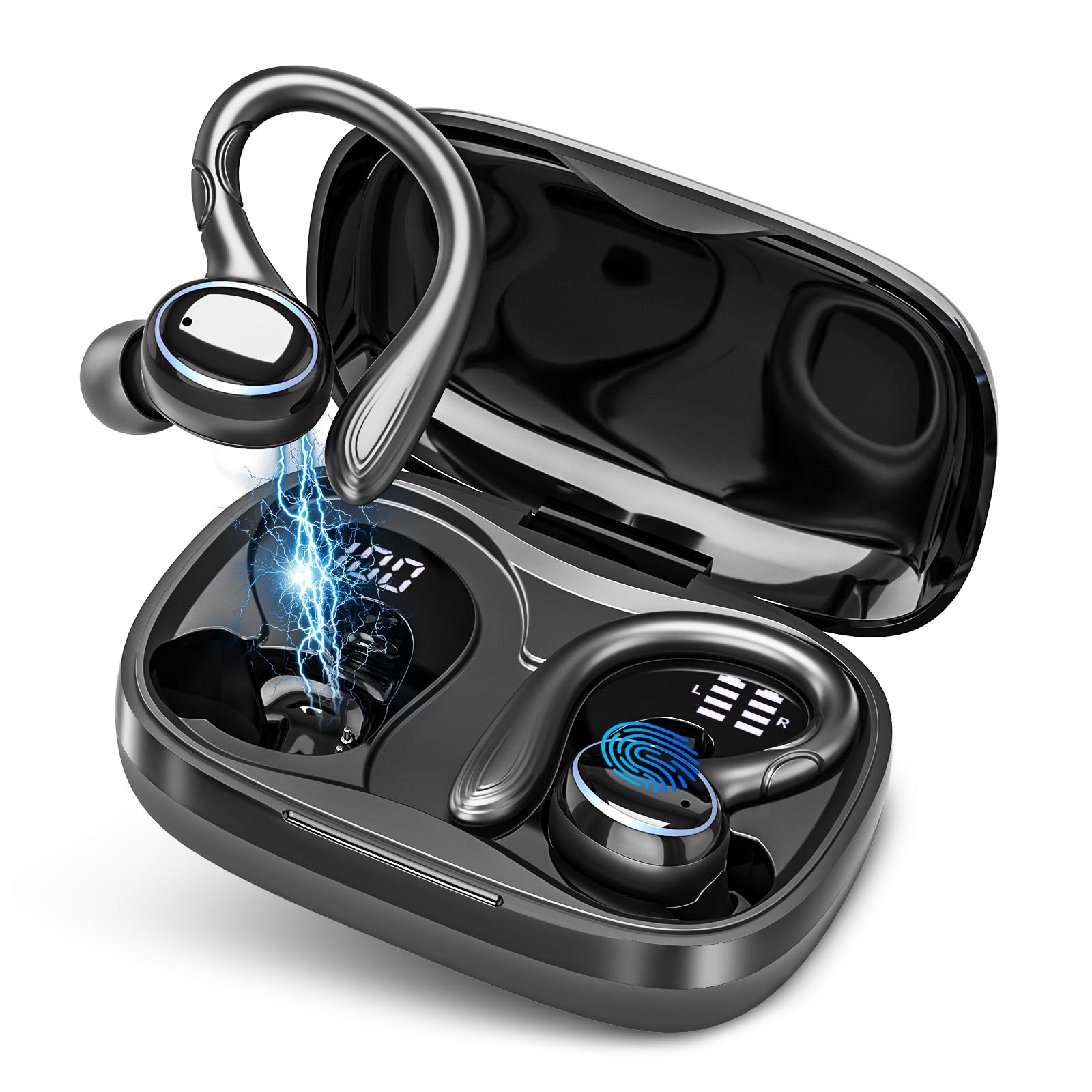 Wireless Bluetooth Earbuds with 56Hrs Playtime, IPX7 Waterproof, Wireless Charging Case & Earhooks - Perfect for Sports, Running, Gym & Outdoor Activities (Black)