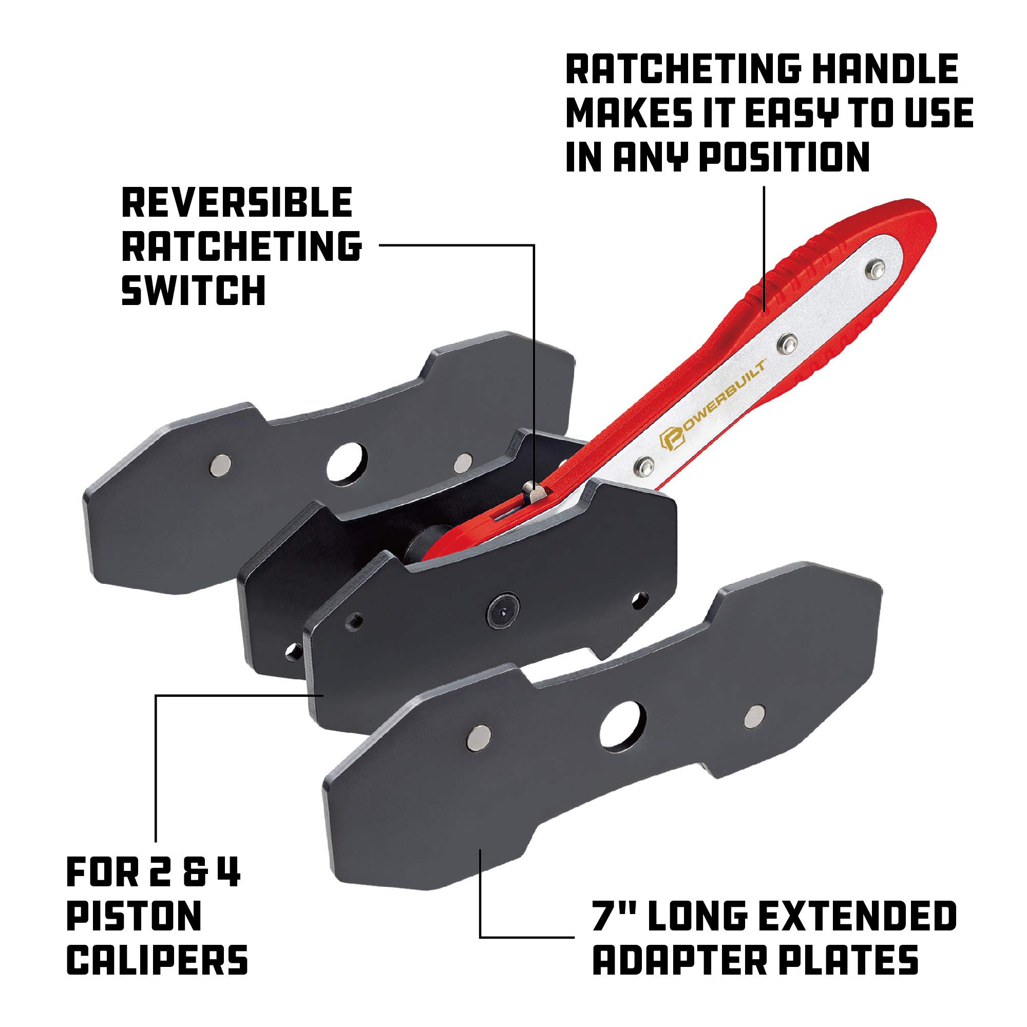 Powerbuilt 647796 Ratcheting Caliper Piston Tool Set - 1 Pack - Professional Brake Caliper Compressor for DIY Auto Repair & Maintenance