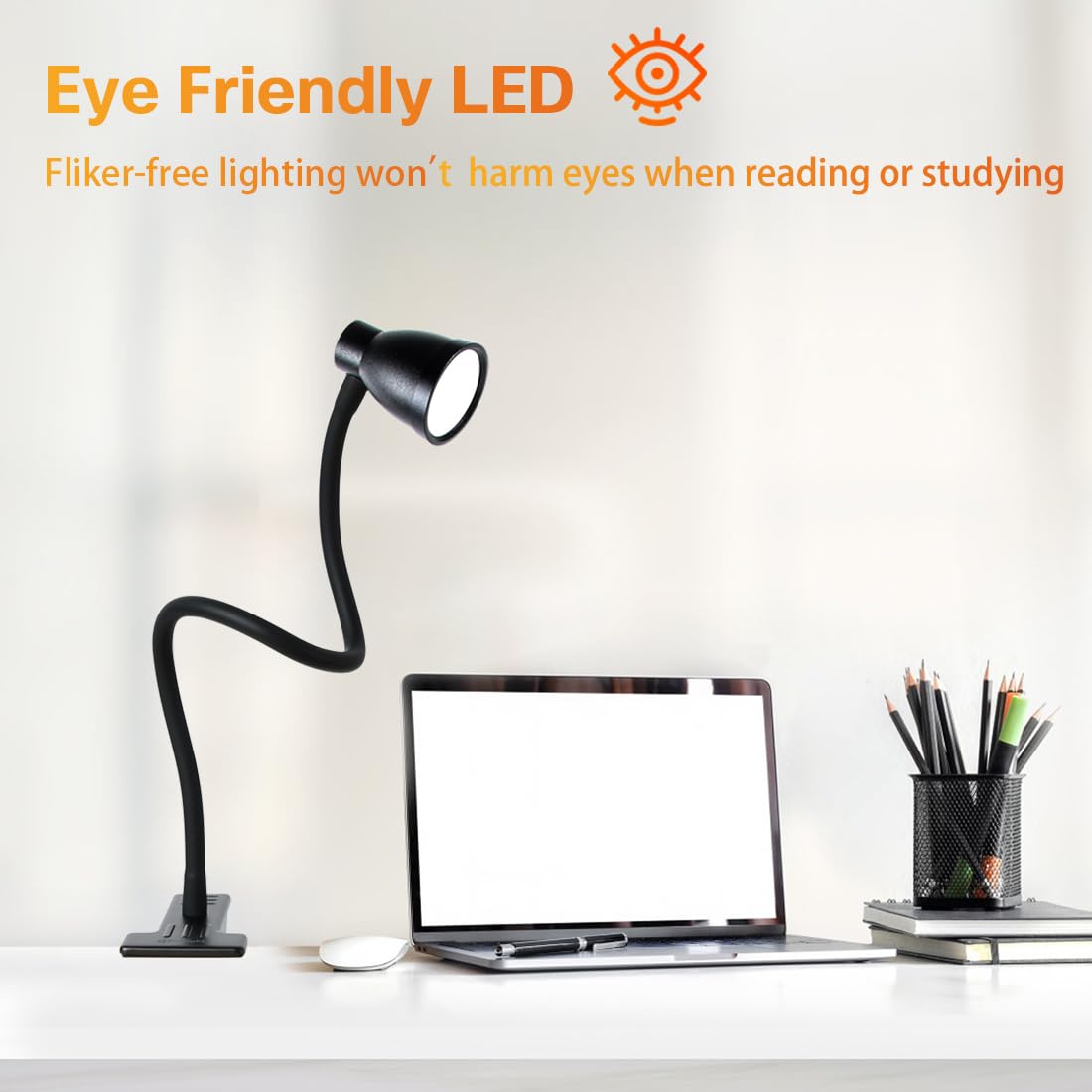 Adjustable Clamp Desk Lamp with 10 LED Beads - 3000K-6500K Color Temperature & 6 Lighting Modes - Clip On Reading Light for Study, Office, and Bedroom (Black, AC Adapter Not Included)