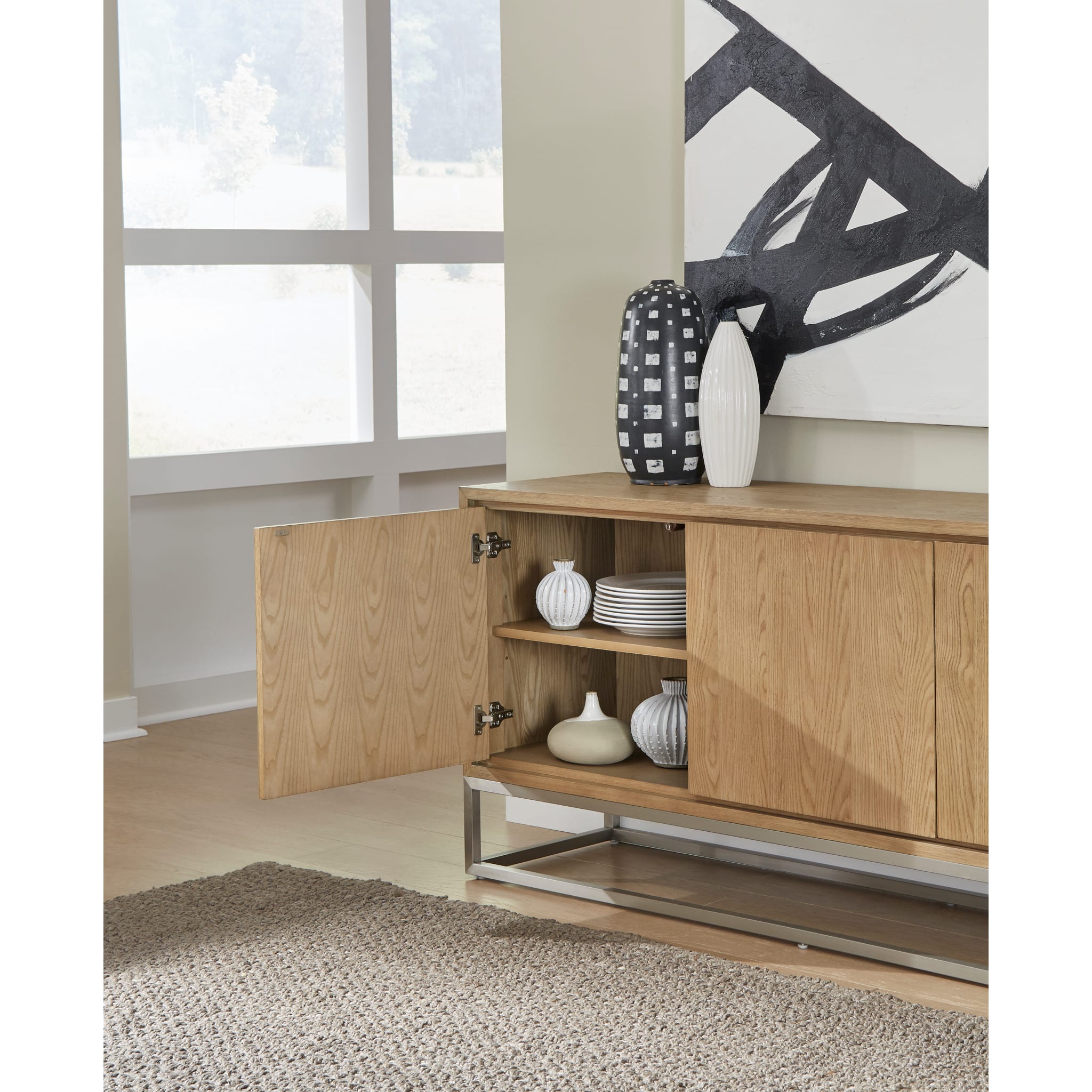 Modern Coastal Metal Base Sideboard - White Oak & Brushed Stainless Steel Buffet Cabinet for Dining Room, Living Room, or Entryway Storage