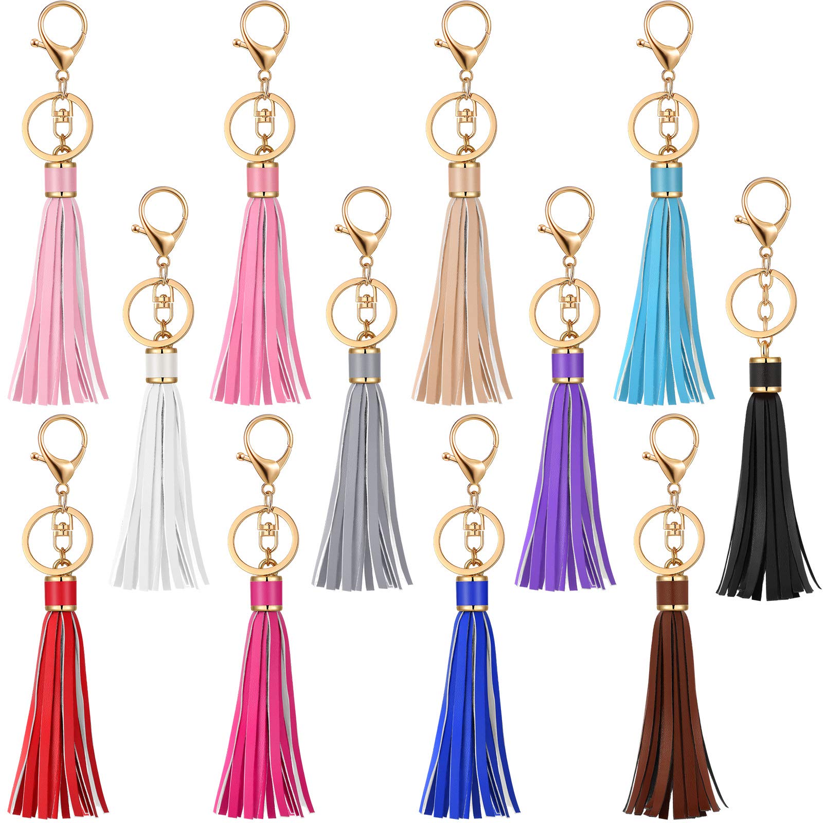 Hicarer Women's PU Leather Tassel Keychain - Circle Key Ring with Lobster Clasp, Bulk Lanyard Key Holder for Purse, Bag & Key Organization (Set of 12) - Perfect for Gifts, Party Favors & Everyday Use