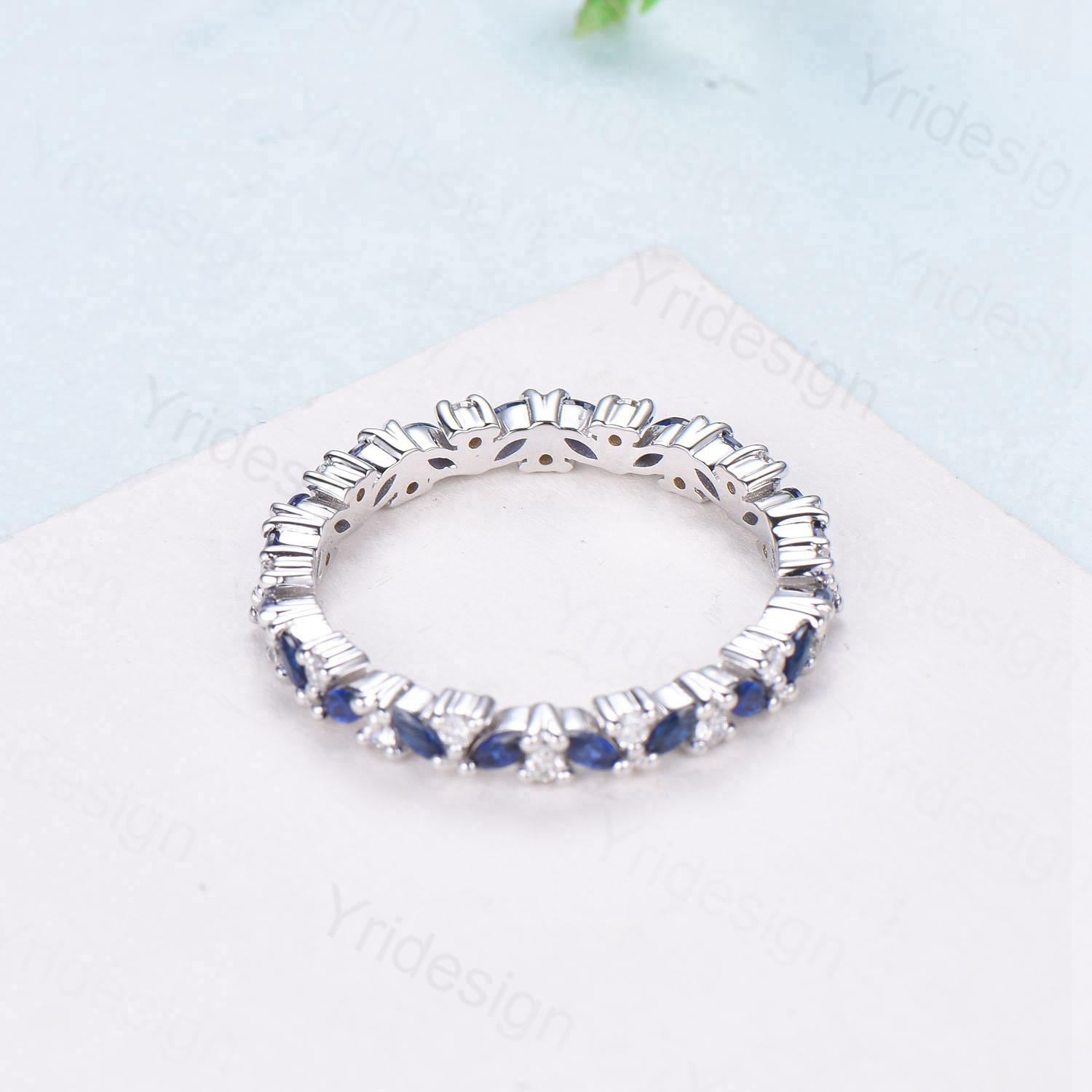 14K Rose Gold Marquise Cut Sapphire Eternity Wedding Band for Women - Stackable Promise Ring, Anniversary Gift for Her - Perfect for Bridal Sets, Engagements & Special Occasions