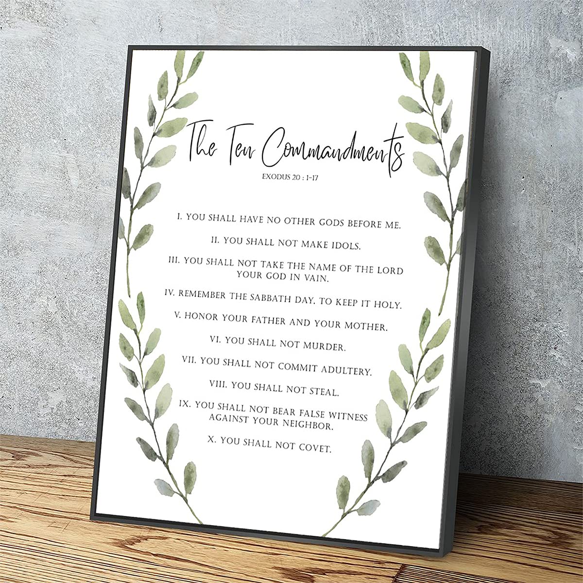 10 Commandments Bible Quotes Canvas Wall Art - Watercolor Green Leaf Modern Print Wood Framed Decor for Home, Office & Apartment - Ready to Hang 12x8 Inch - Perfect for Christian Home Decor, Gift Idea & Spiritual Space Enhancement