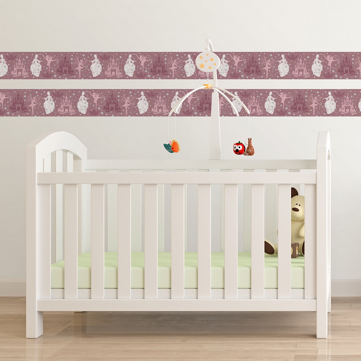 Tempaper Kids Pink and Metallic Silver Princess Wallpaper | Designer Removable Peel and Stick Borders & Stripes for Nursery, Bedroom, and Playroom Decor