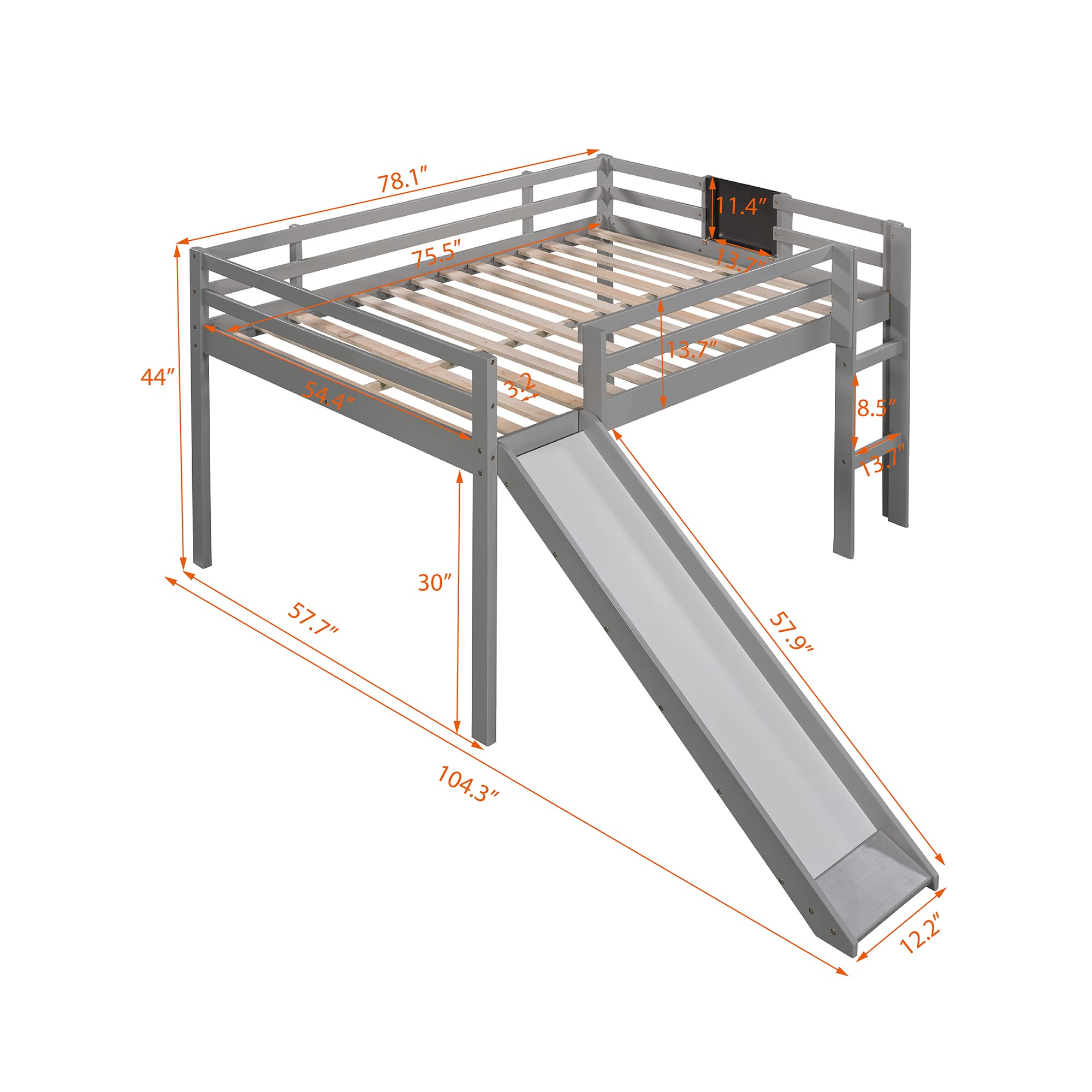 LZ LEISURE ZONE Full Size Wood Loft Bed with Slide & Stairs - Chalkboard Included - Space-Saving Grey Bedroom Furniture for Kids & Teens - Perfect for Small Rooms, Dormitories & Play Areas