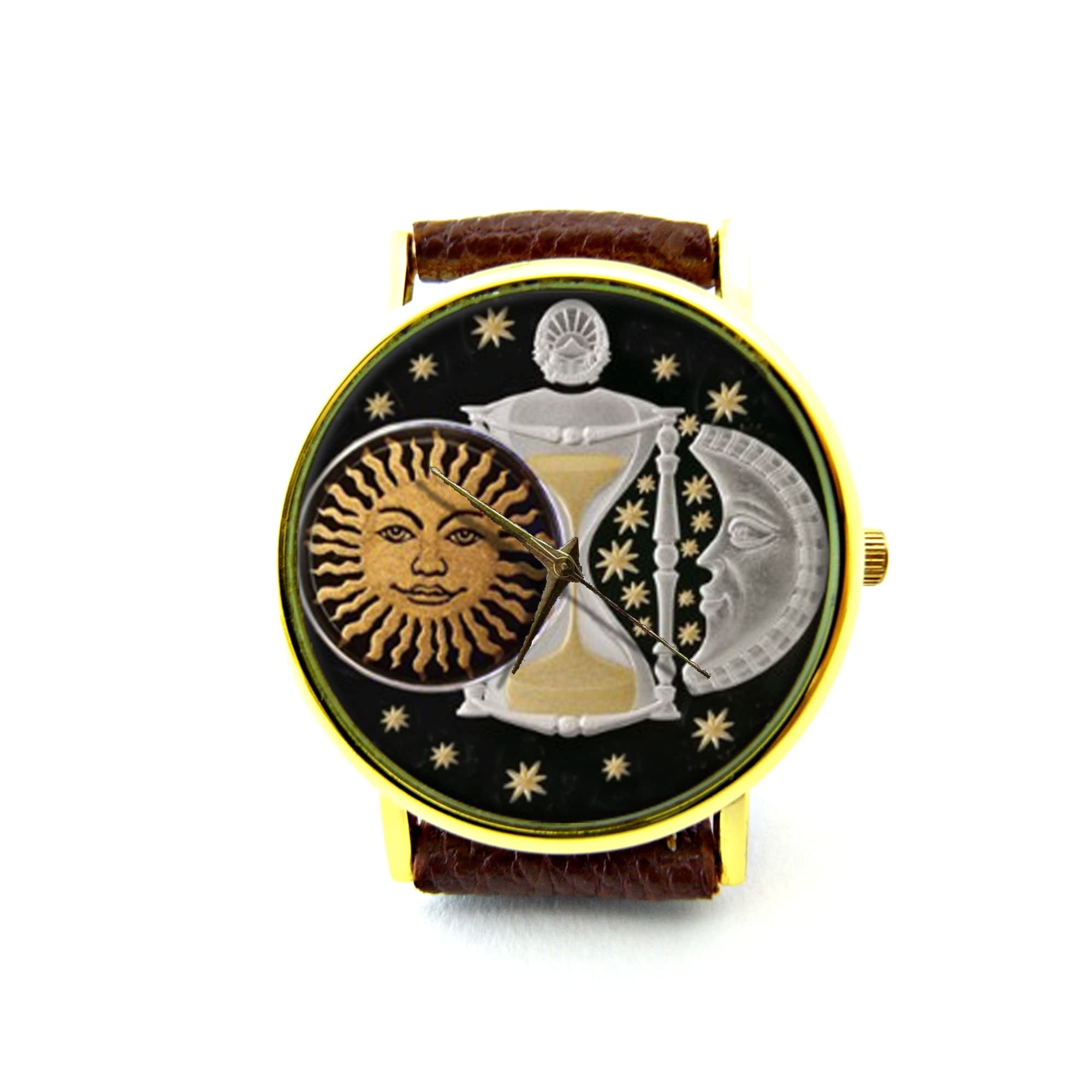 Sun and Moon Leather Watch for Women - Elegant Astronomy Inspired Timepiece with Moon Jewelry Design - Perfect for Daily Wear, Gifts & Special Occasions P496
