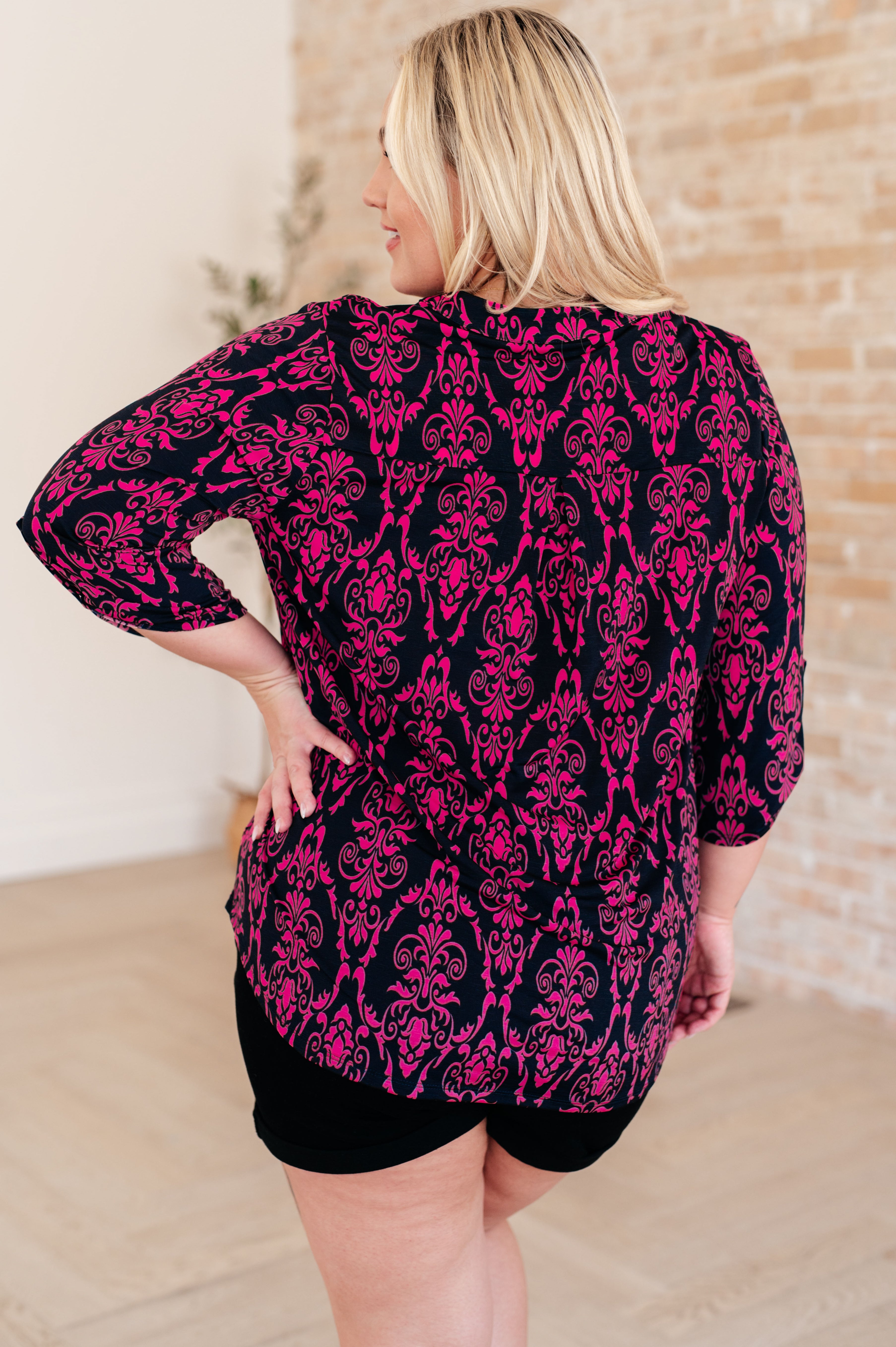 Lizzy Women's Navy & Hot Pink Damask Print Blouse - Stylish Casual Top for Work, Date Night & Everyday Wear