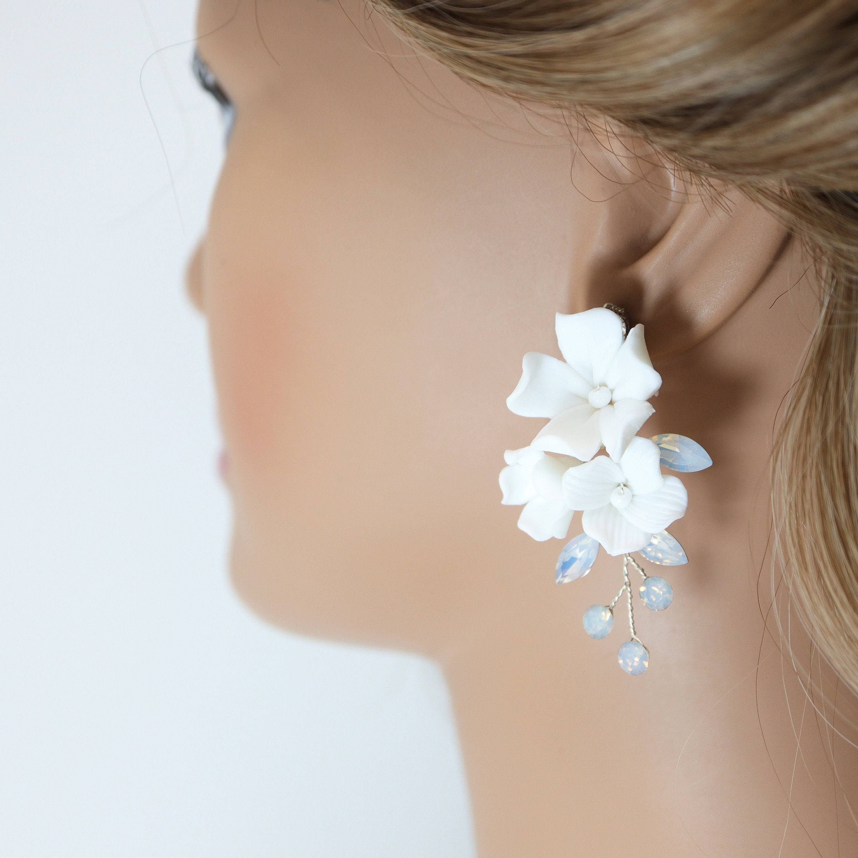 Swarovski Crystal Bridal Earrings - Sparkling White Opal Flower Statement Jewelry for Weddings, Prom & Special Occasions