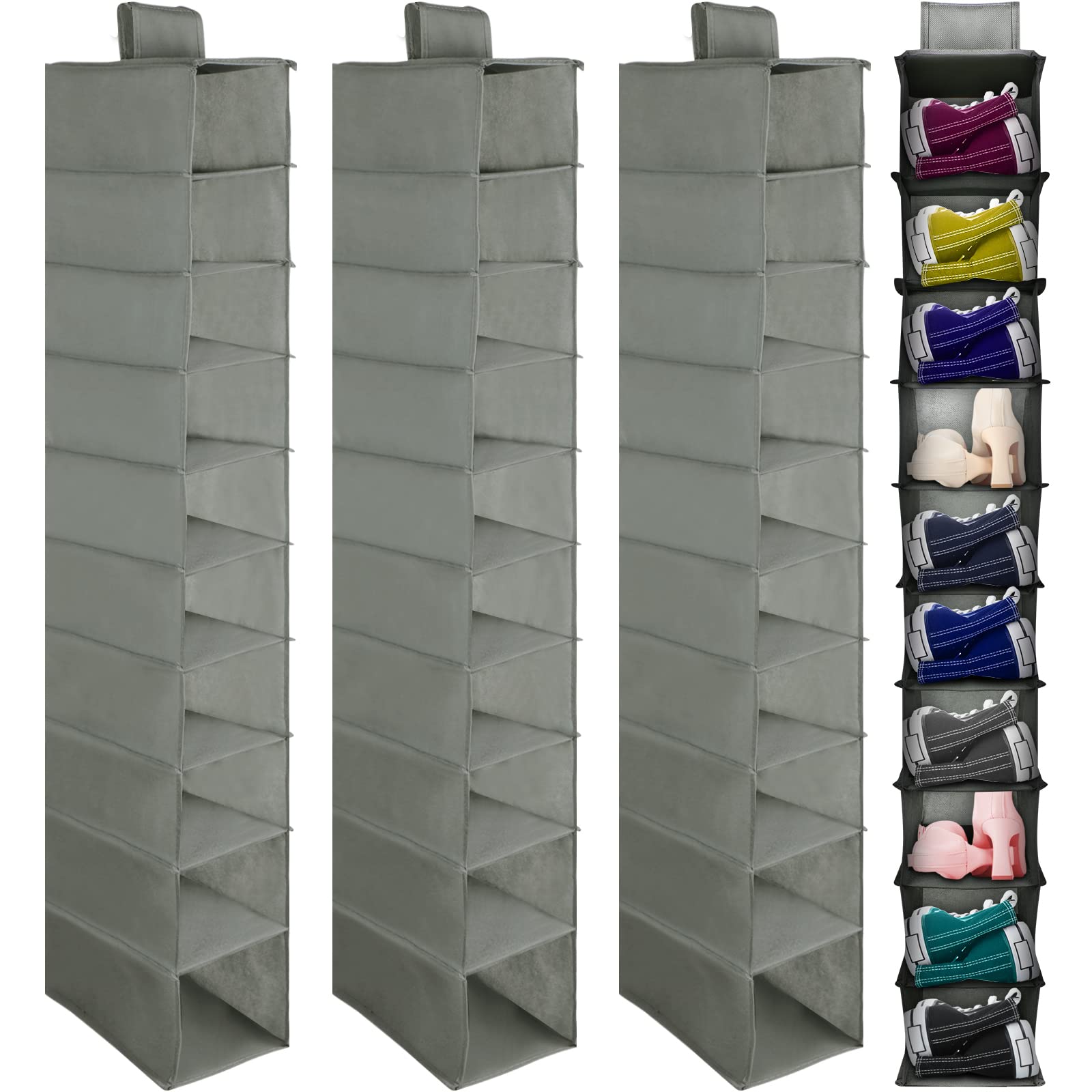 4 Pack Hanging Shoe Organizer - 10 Shelf Space Saving Closet Storage for Shoes, Hats, Purses & Handbags | Perfect for Bedroom, Closet & Dorm Organization
