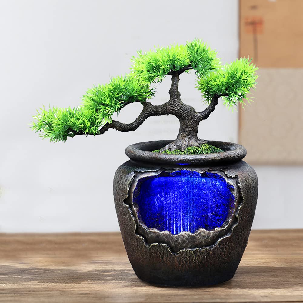 110V Indoor Rockery Water Fountain with LED Lights - Desktop Zen Waterfall Feature, Lifelike Mini Bonsai Decor for Home, Office & Meditation Spaces | Perfect for Living Rooms, Bedrooms & Workspaces to Create Soothing Ambiance