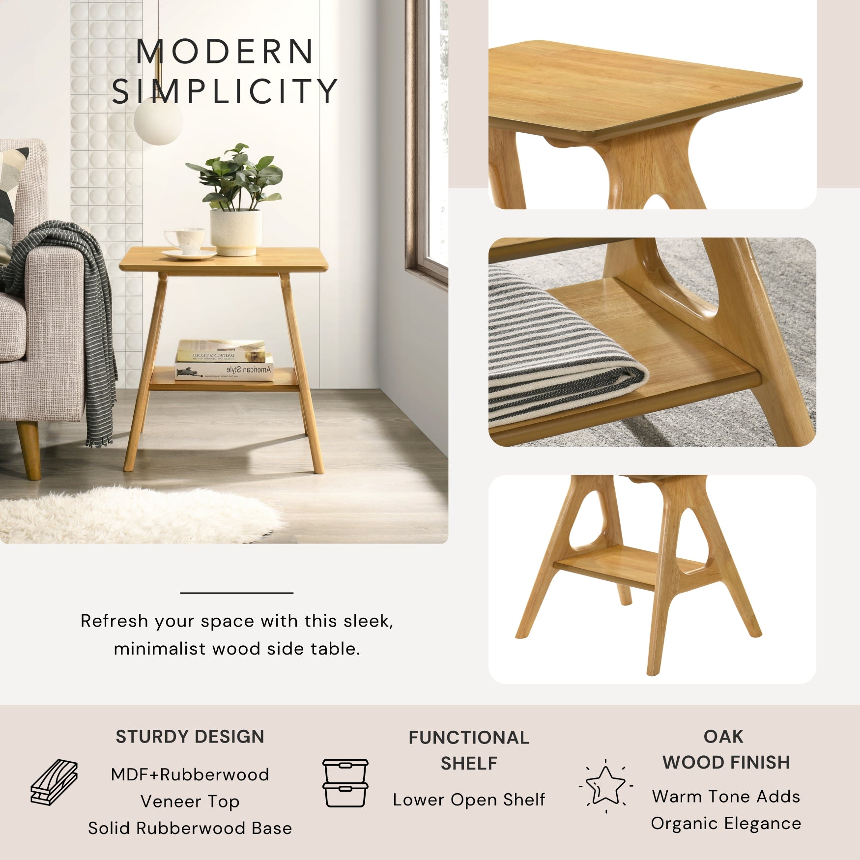 Roundhill Furniture Arona Mid Century Modern Wood Shelf End Table - Stylish Living Room Side Table with Storage for Books & Decor | Perfect for Small Spaces, Apartments & Bedrooms