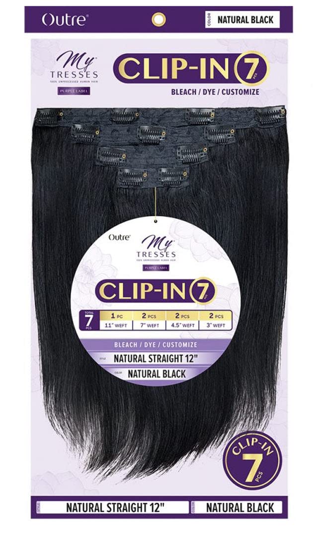 Outre MyTresses Purple Label 100% Unprocessed Human Hair Clip-in Extensions - 7-Piece Natural Straight Hair Weft (18 Inches, Natural Black) for Styling, Volume & Length - Perfect for Daily Wear, Parties & Special Occasions