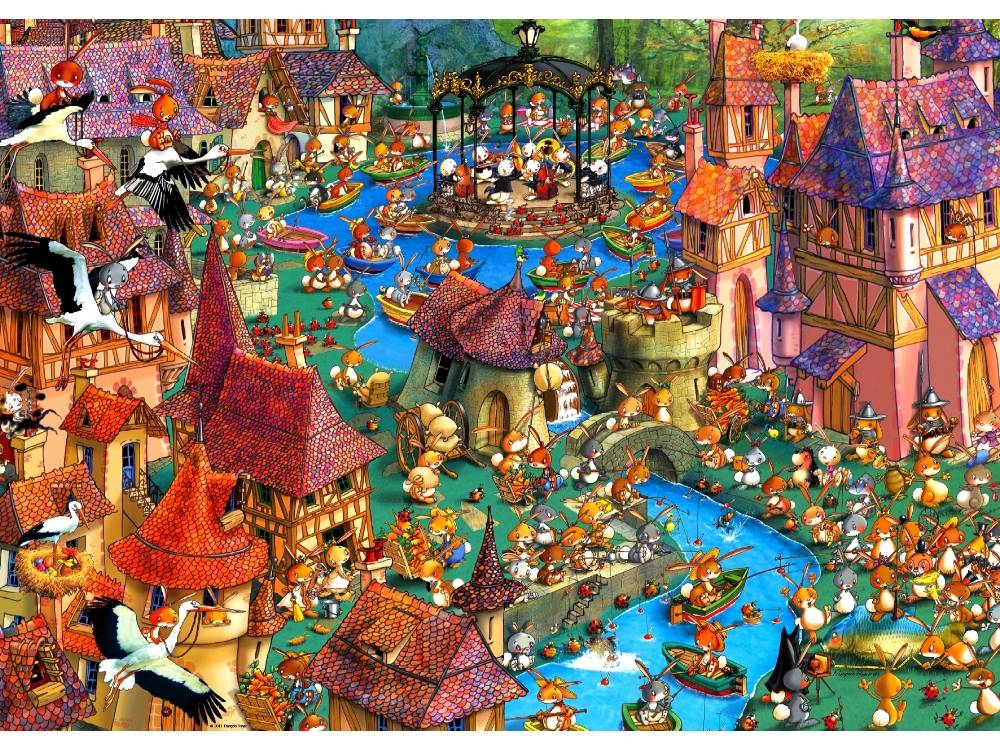 Heye 1000 Piece Triangle Jigsaw Puzzle - Bunnytown Fun Animal Puzzle for Adults & Kids, Perfect for Family Game Night & Stress Relief