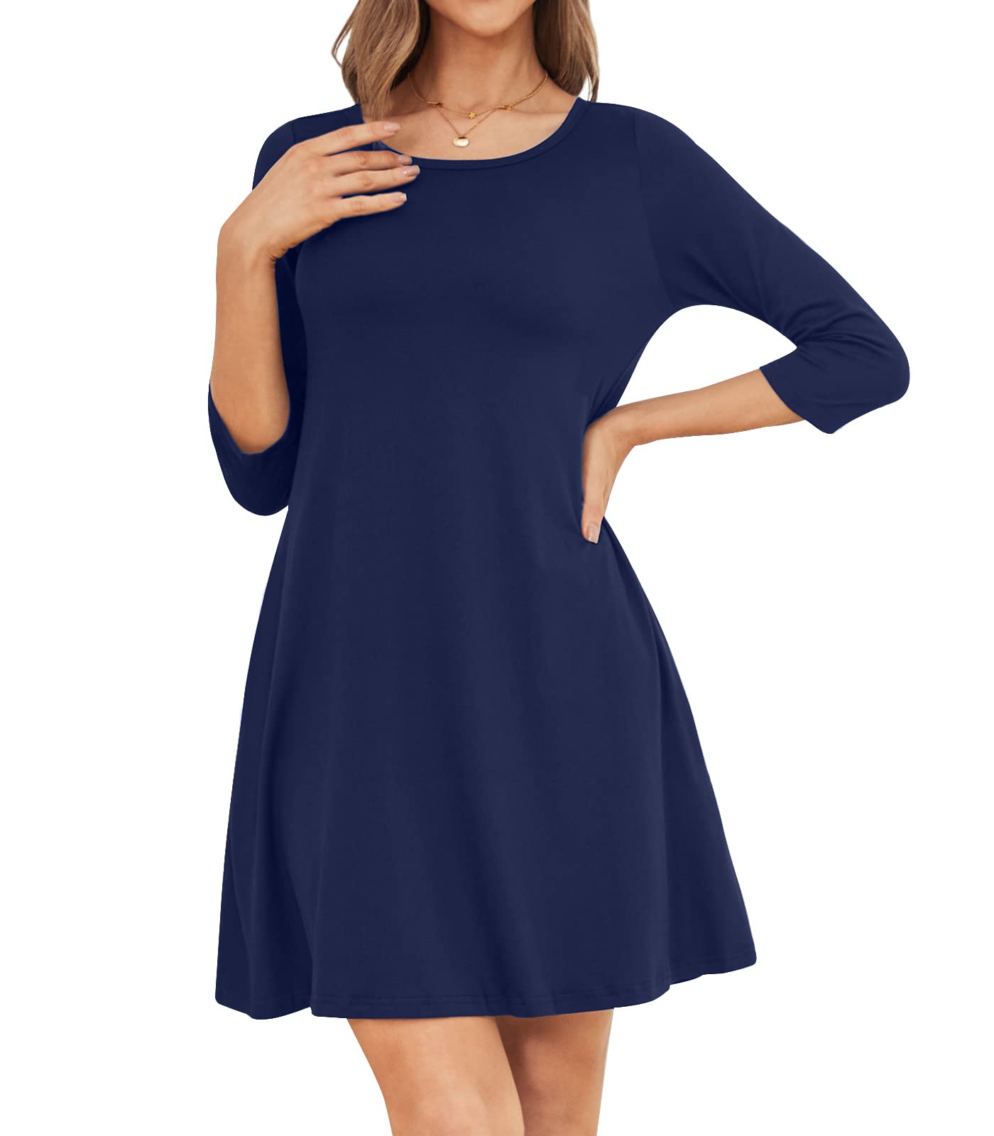 Women's Casual 3/4 Sleeve A-Line T-Shirt Dress with Pocket - Spring Summer Crewneck Flowy Dress for Outfits, Dating, Office & Vacation Wear